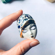Vintage Ceramic Face Brooch, Lady Face Pin, Painted Ceramic Mask Brooch, Swirl Design Brooch, Flapper Brooch, Blue, Green, Gold