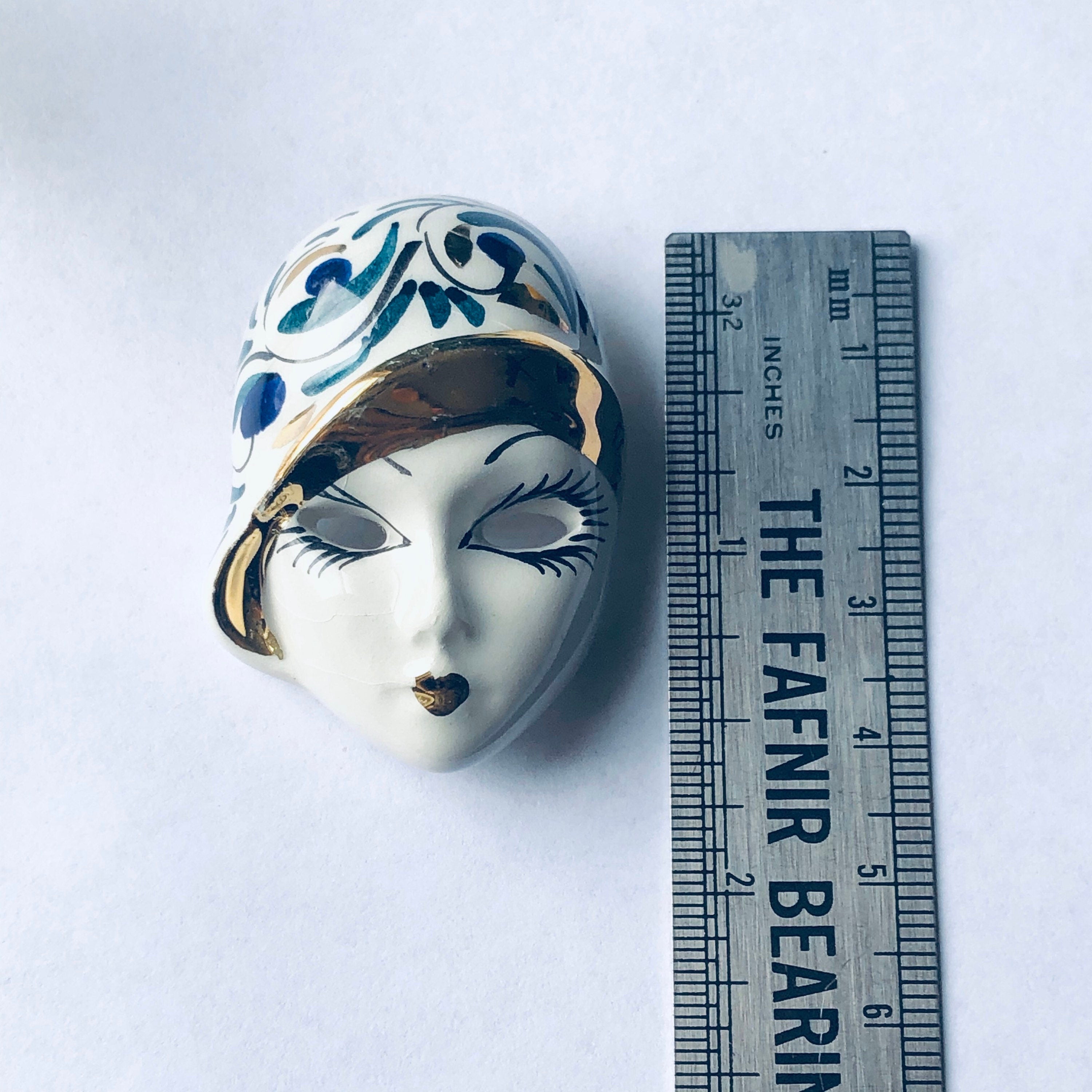 Vintage Ceramic Face Brooch, Lady Face Pin, Painted Ceramic Mask Brooch, Swirl Design Brooch, Flapper Brooch, Blue, Green, Gold
