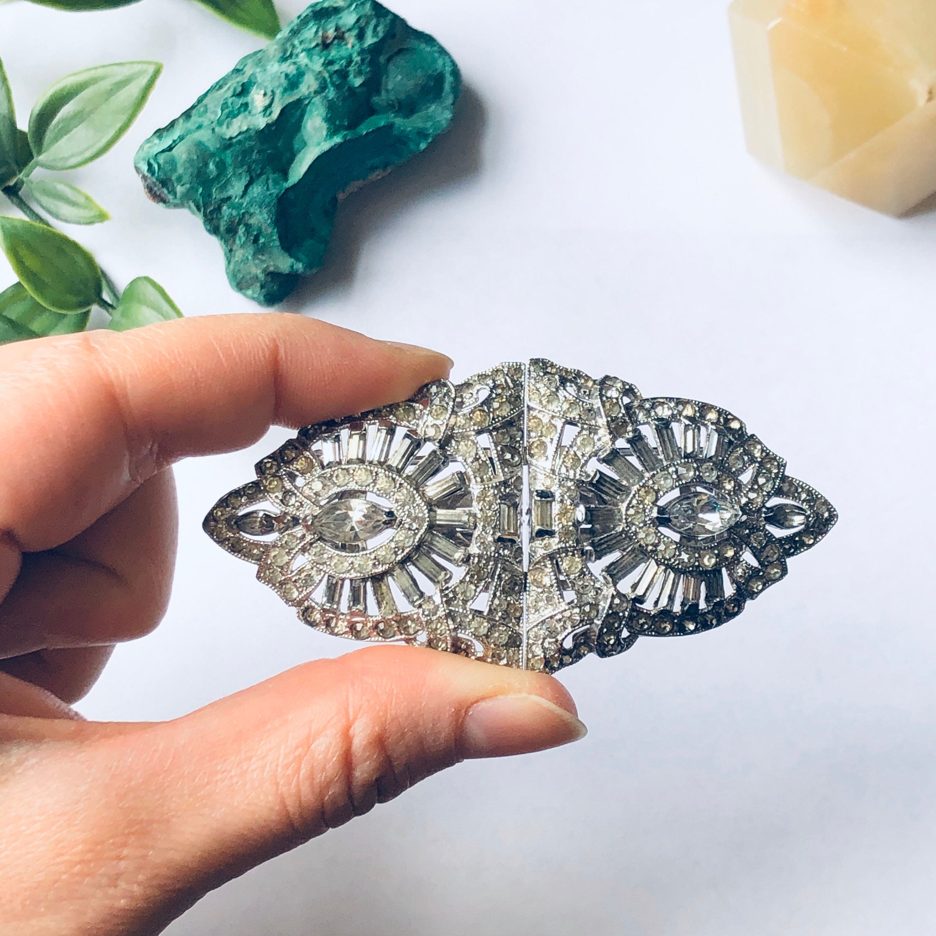 Vintage Rhinestone Brooch, Rhinestone Sweater Clips, Art Deco Jewelry, Brooch and Clip Combo, Mothers Day Gift, Unique Brooch,