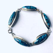 Vintage Silver Jewelry Set, Silver Bracelet, Silver Earrings, Inlaid Stones, Blue and Green Bracelet, Pierced Ears, Dangle Earrings