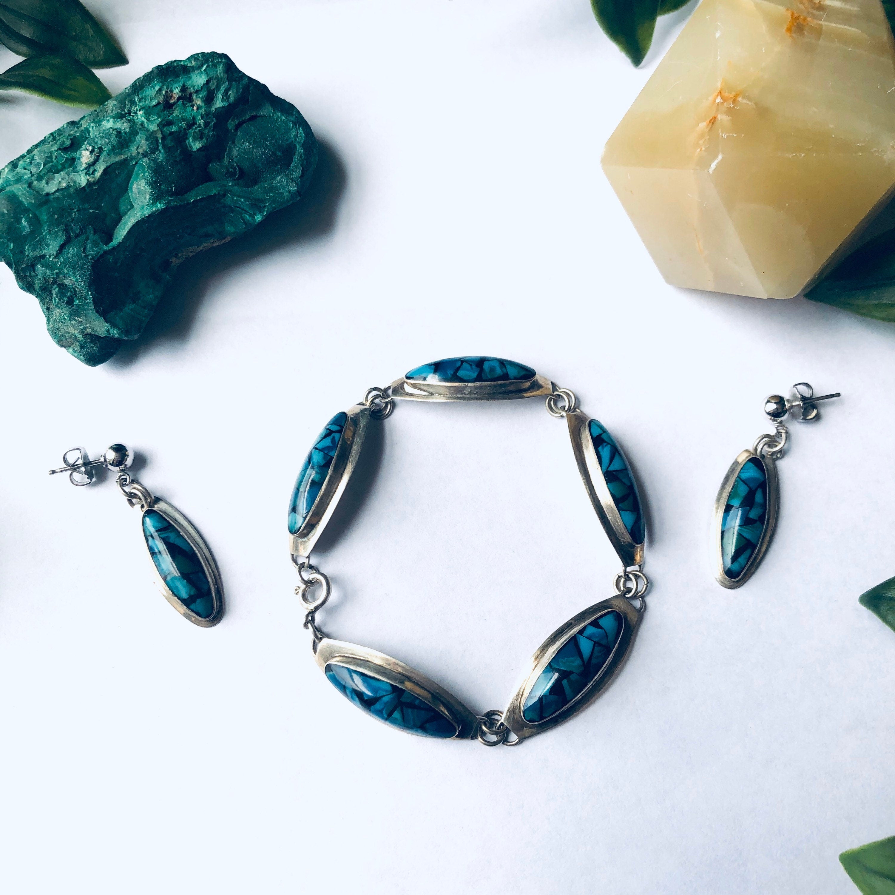 Vintage Silver Jewelry Set, Silver Bracelet, Silver Earrings, Inlaid Stones, Blue and Green Bracelet, Pierced Ears, Dangle Earrings