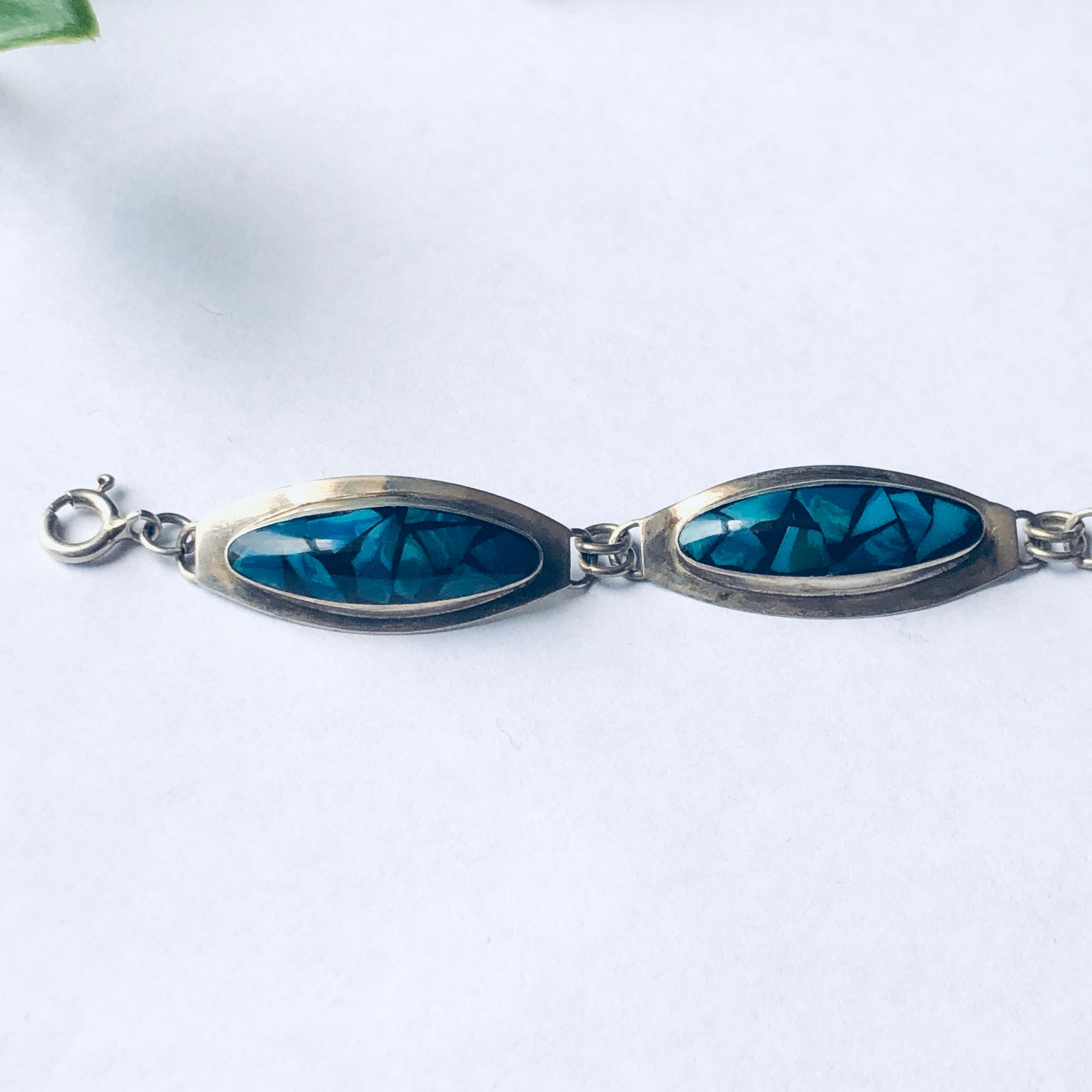 Vintage Silver Jewelry Set, Silver Bracelet, Silver Earrings, Inlaid Stones, Blue and Green Bracelet, Pierced Ears, Dangle Earrings
