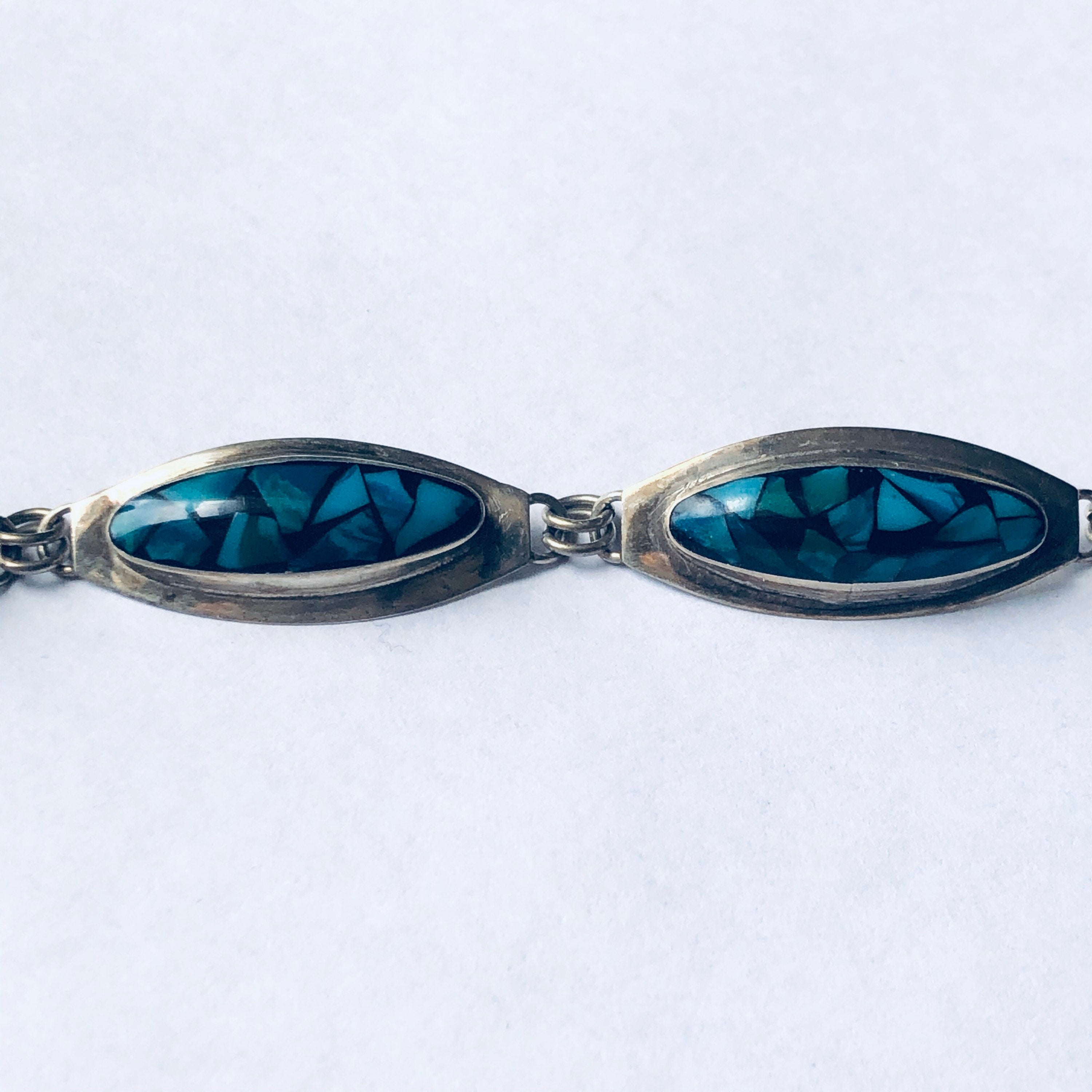 Vintage Silver Jewelry Set, Silver Bracelet, Silver Earrings, Inlaid Stones, Blue and Green Bracelet, Pierced Ears, Dangle Earrings