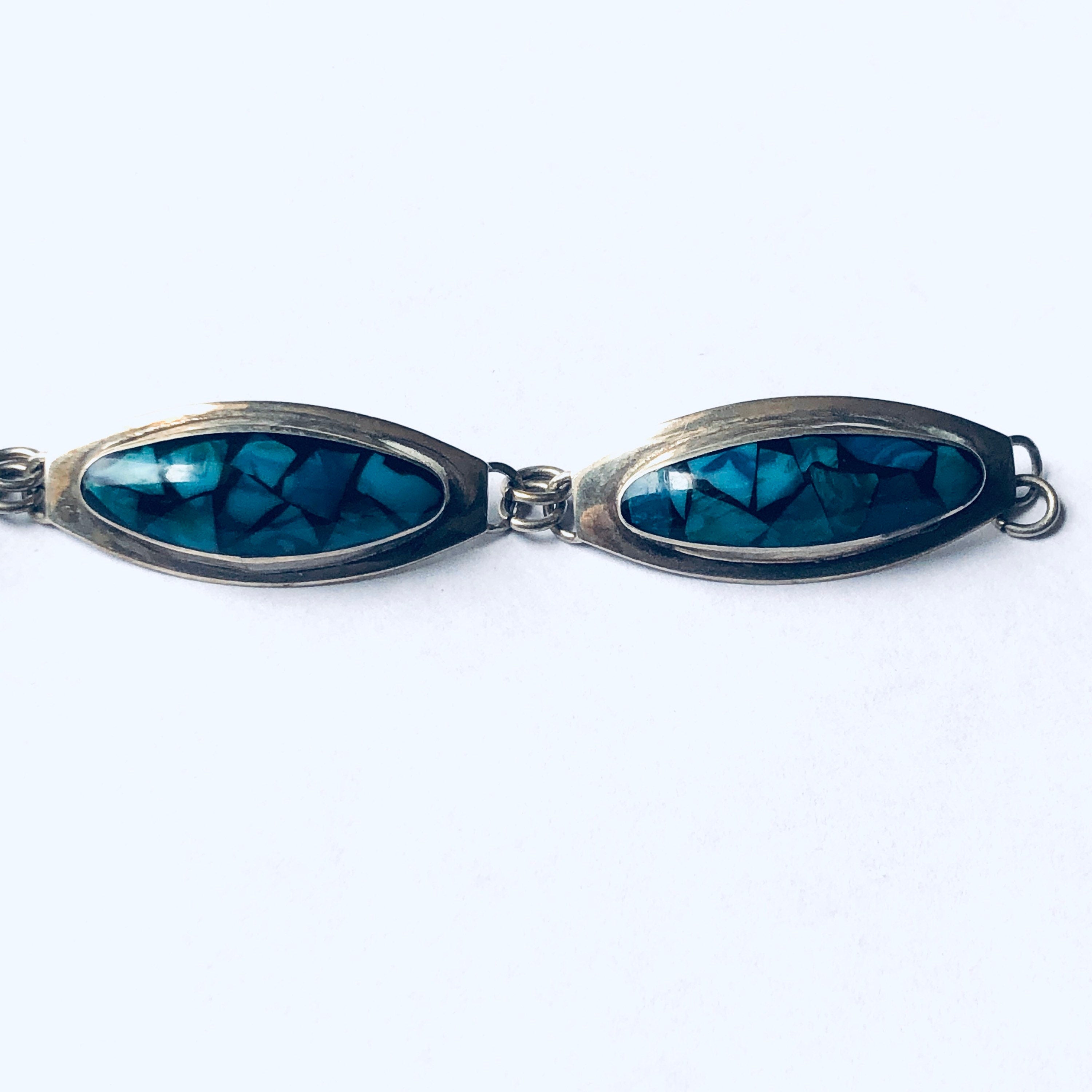 Vintage Silver Jewelry Set, Silver Bracelet, Silver Earrings, Inlaid Stones, Blue and Green Bracelet, Pierced Ears, Dangle Earrings