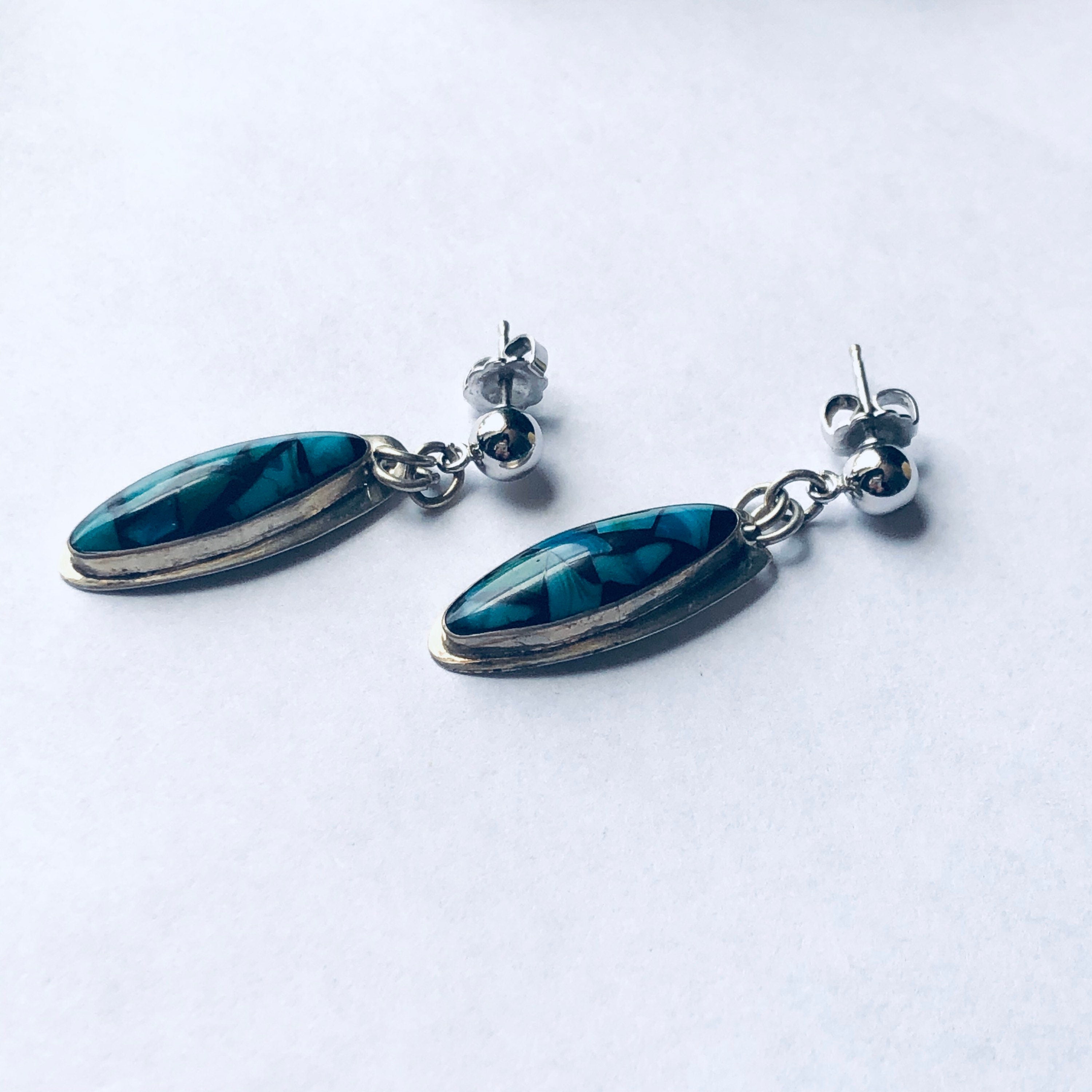 Vintage Silver Jewelry Set, Silver Bracelet, Silver Earrings, Inlaid Stones, Blue and Green Bracelet, Pierced Ears, Dangle Earrings