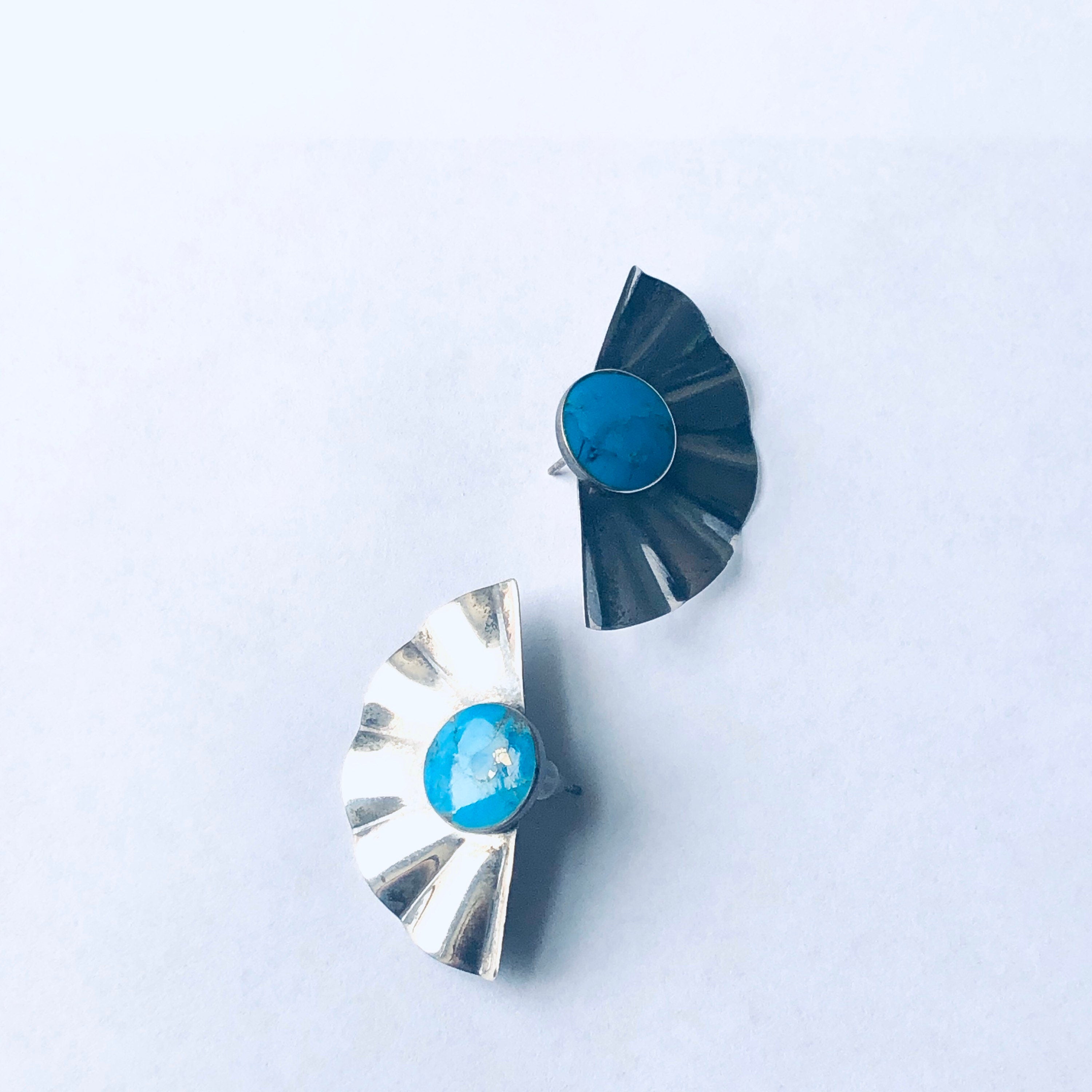 Vintage Silver Earrings with Blue Stones, Fan Shaped Earrings, Blue Gemstone Earrings, Earrings for Pierced Ears, Silver and Blue Earrings