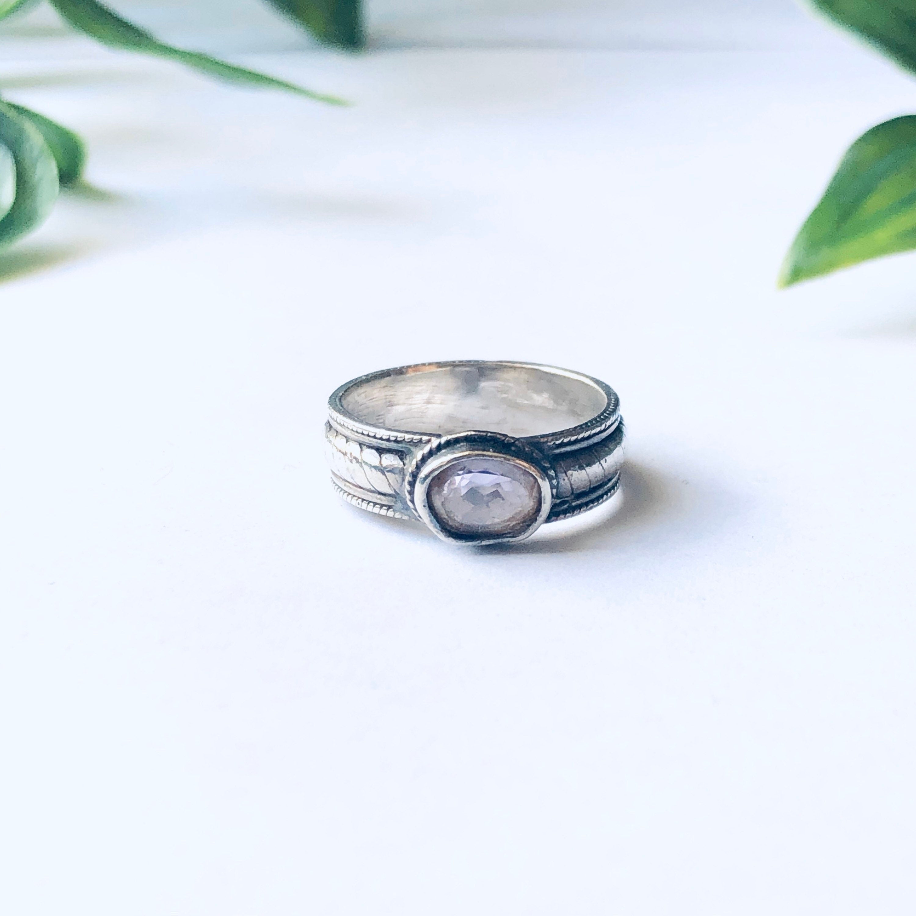 Vintage Silver Band Ring with Light Pink Gemstone, Pale Pink Gemstone Ring, Thin Band Ring, Pink and Silver Ring