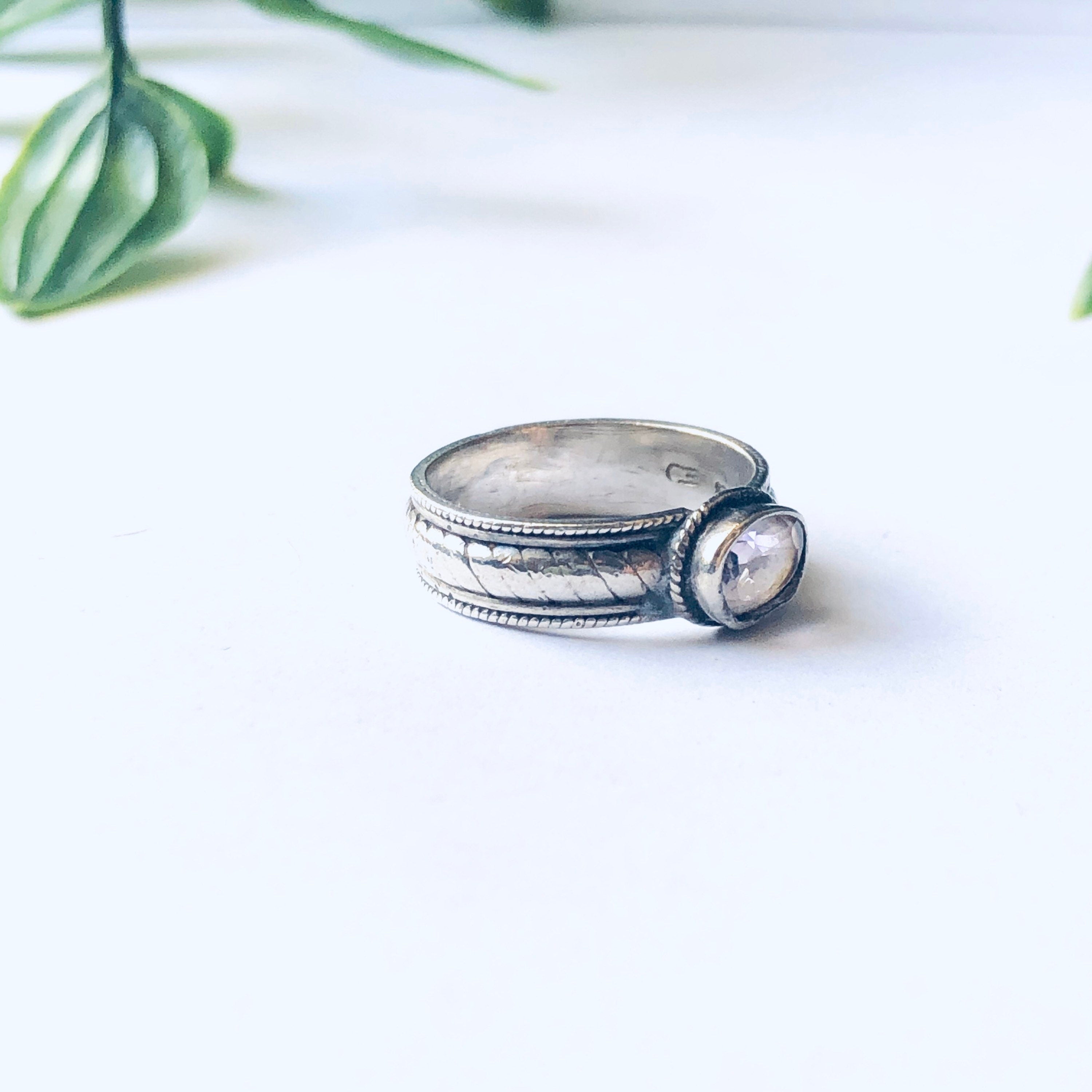 Vintage Silver Band Ring with Light Pink Gemstone, Pale Pink Gemstone Ring, Thin Band Ring, Pink and Silver Ring