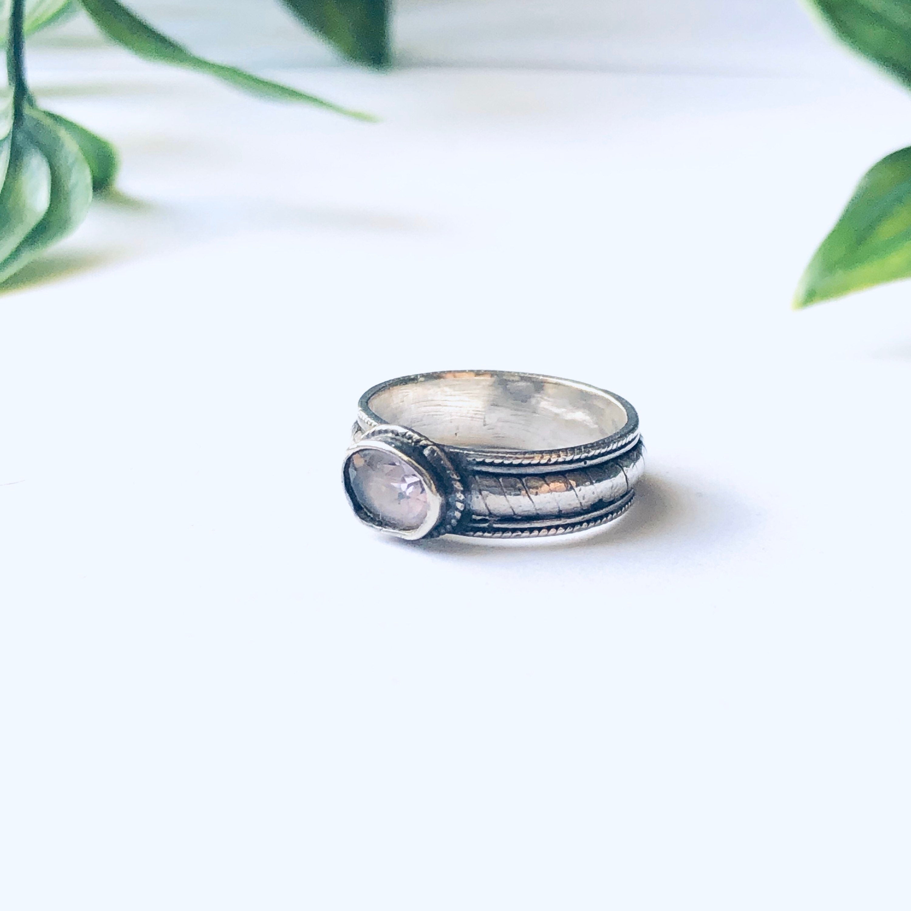 Vintage Silver Band Ring with Light Pink Gemstone, Pale Pink Gemstone Ring, Thin Band Ring, Pink and Silver Ring
