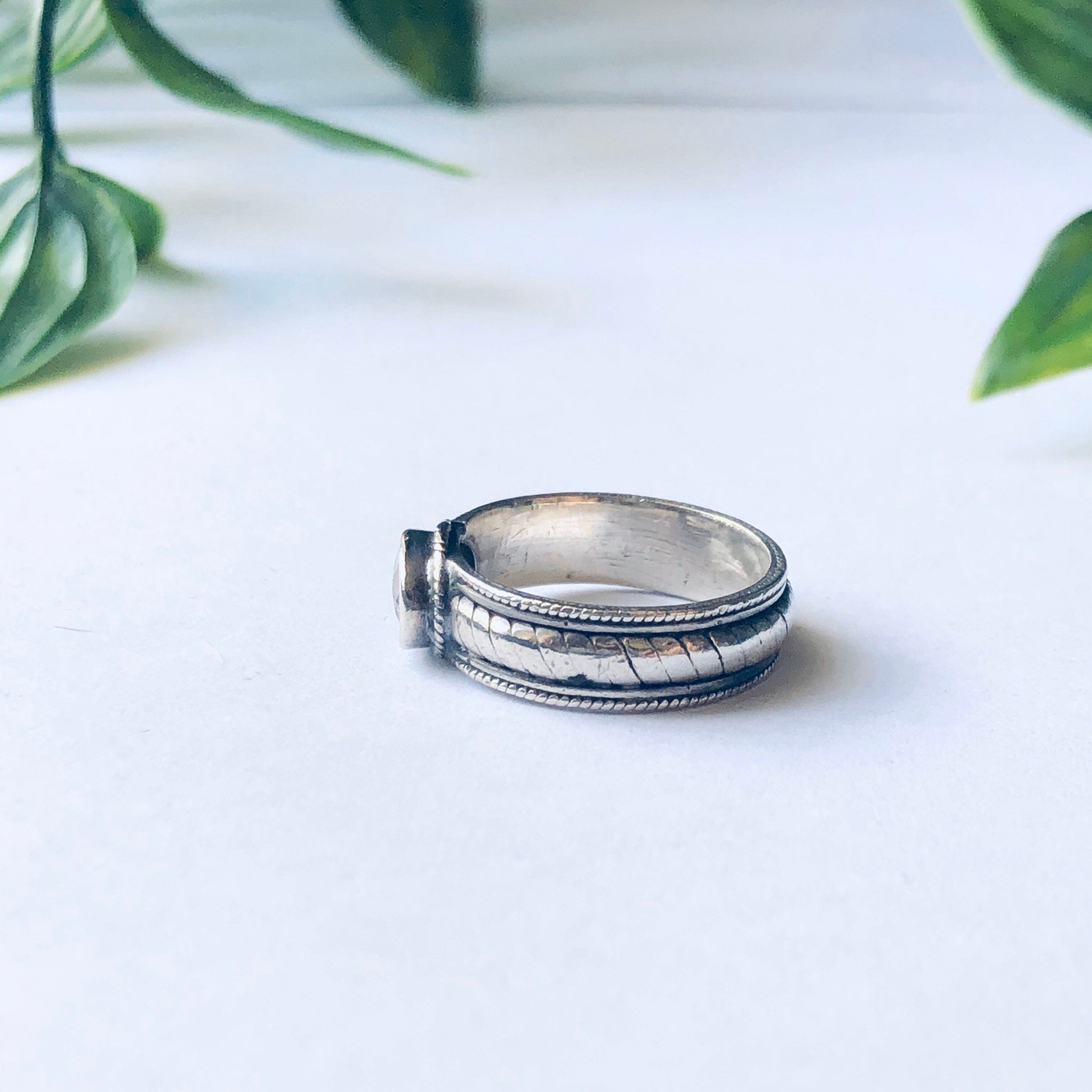 Vintage Silver Band Ring with Light Pink Gemstone, Pale Pink Gemstone Ring, Thin Band Ring, Pink and Silver Ring