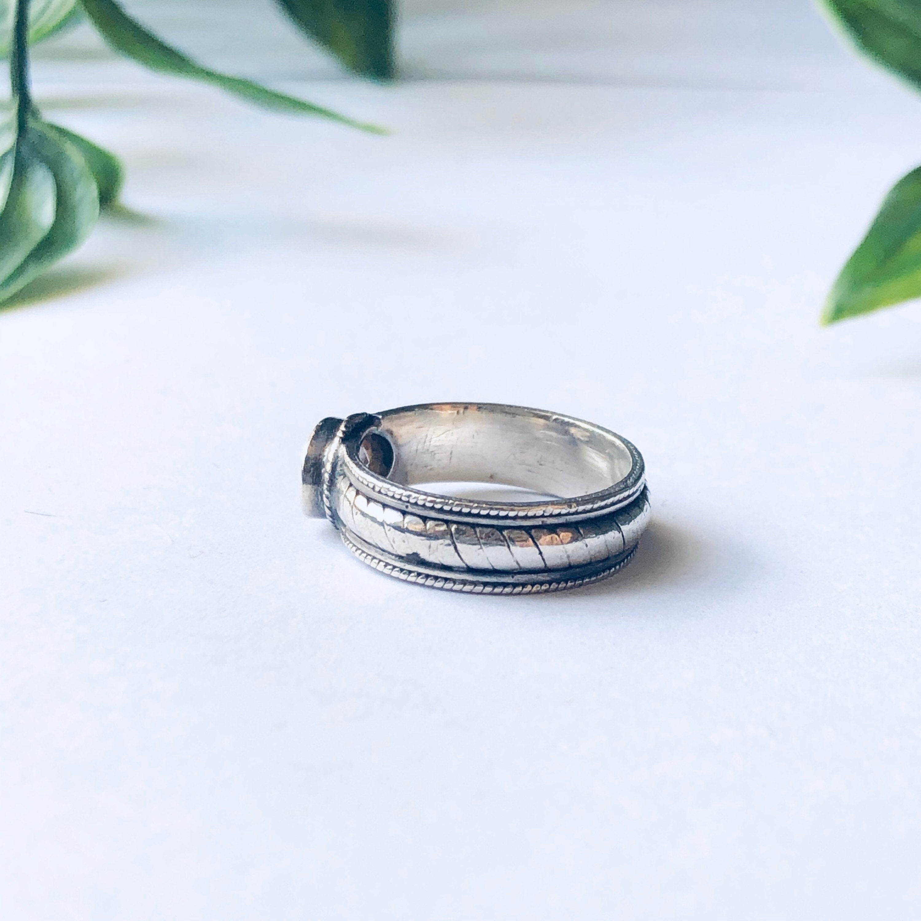 Vintage Silver Band Ring with Light Pink Gemstone, Pale Pink Gemstone Ring, Thin Band Ring, Pink and Silver Ring