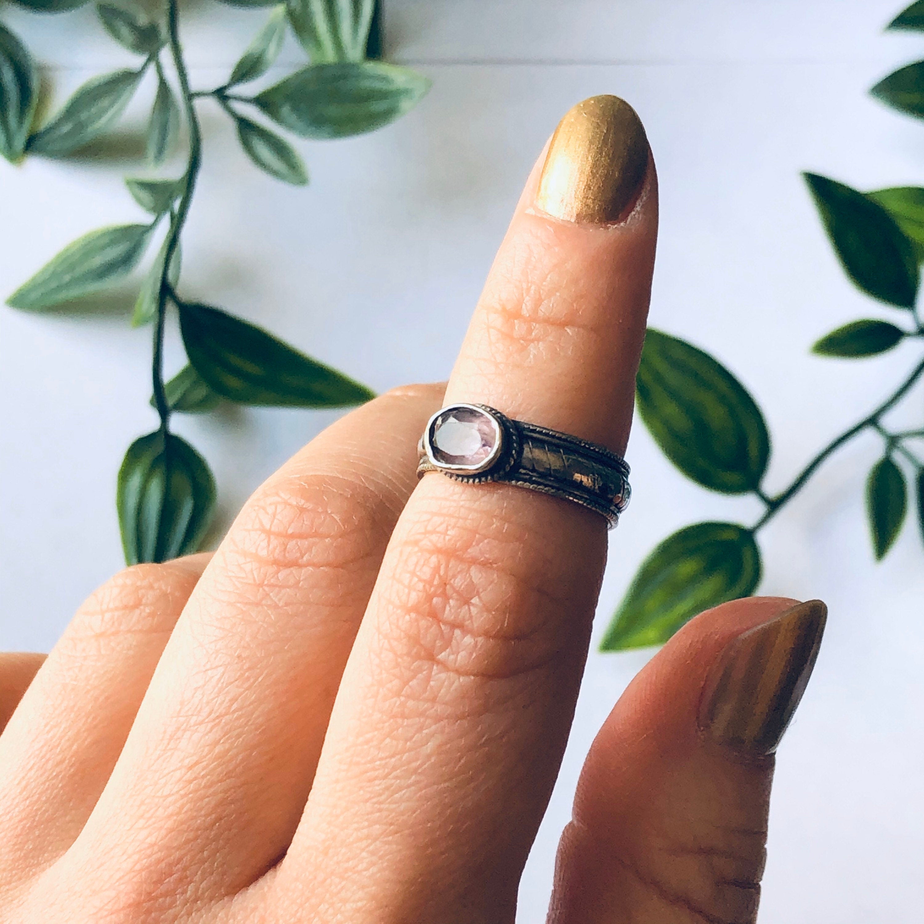 Vintage Silver Band Ring with Light Pink Gemstone, Pale Pink Gemstone Ring, Thin Band Ring, Pink and Silver Ring