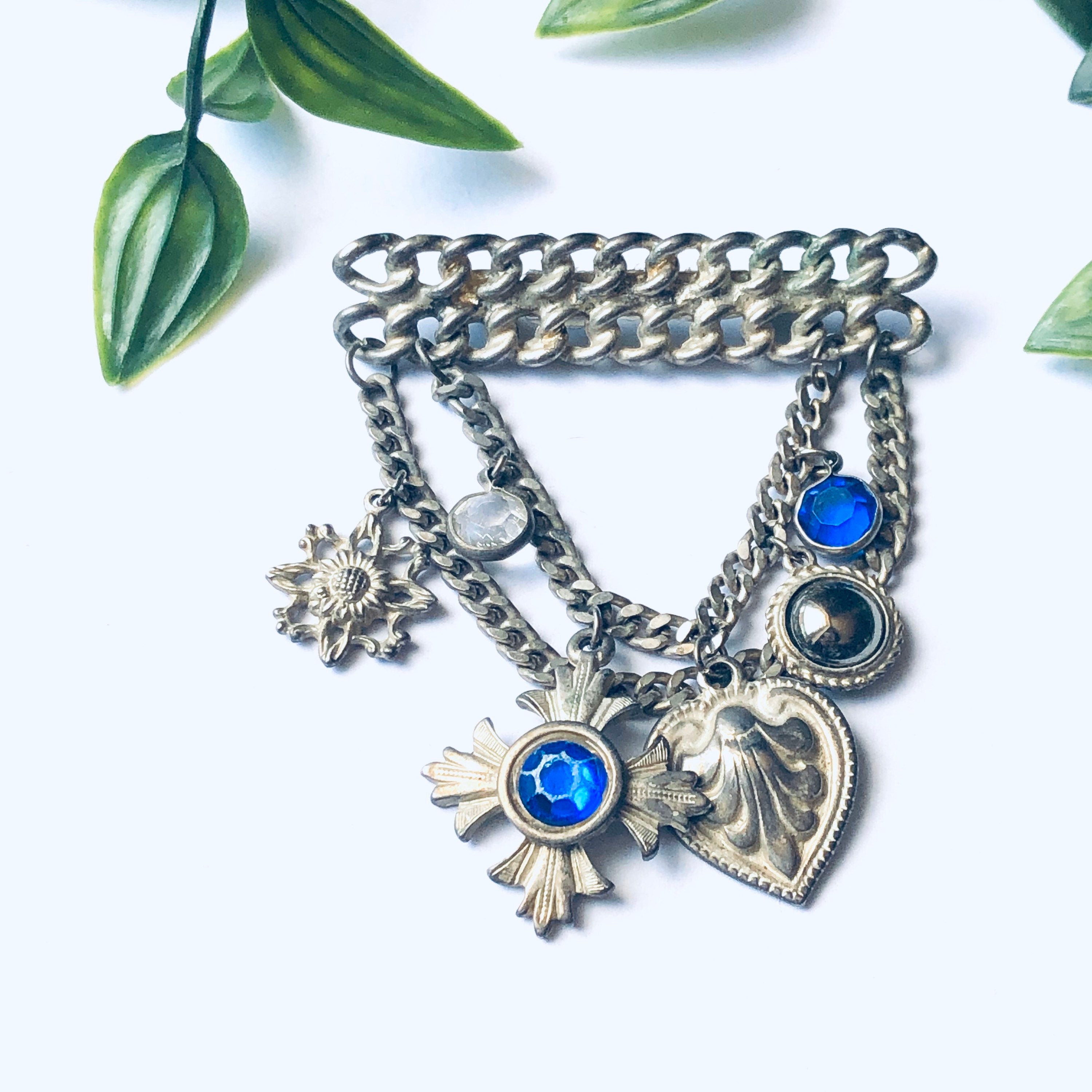 Vintage Layered Brooch, Layered Dangle Brooch, Unique Vintage Brooch, Vintage Costume Jewelry, Blue Gemstone Broocg, Heart Pin
