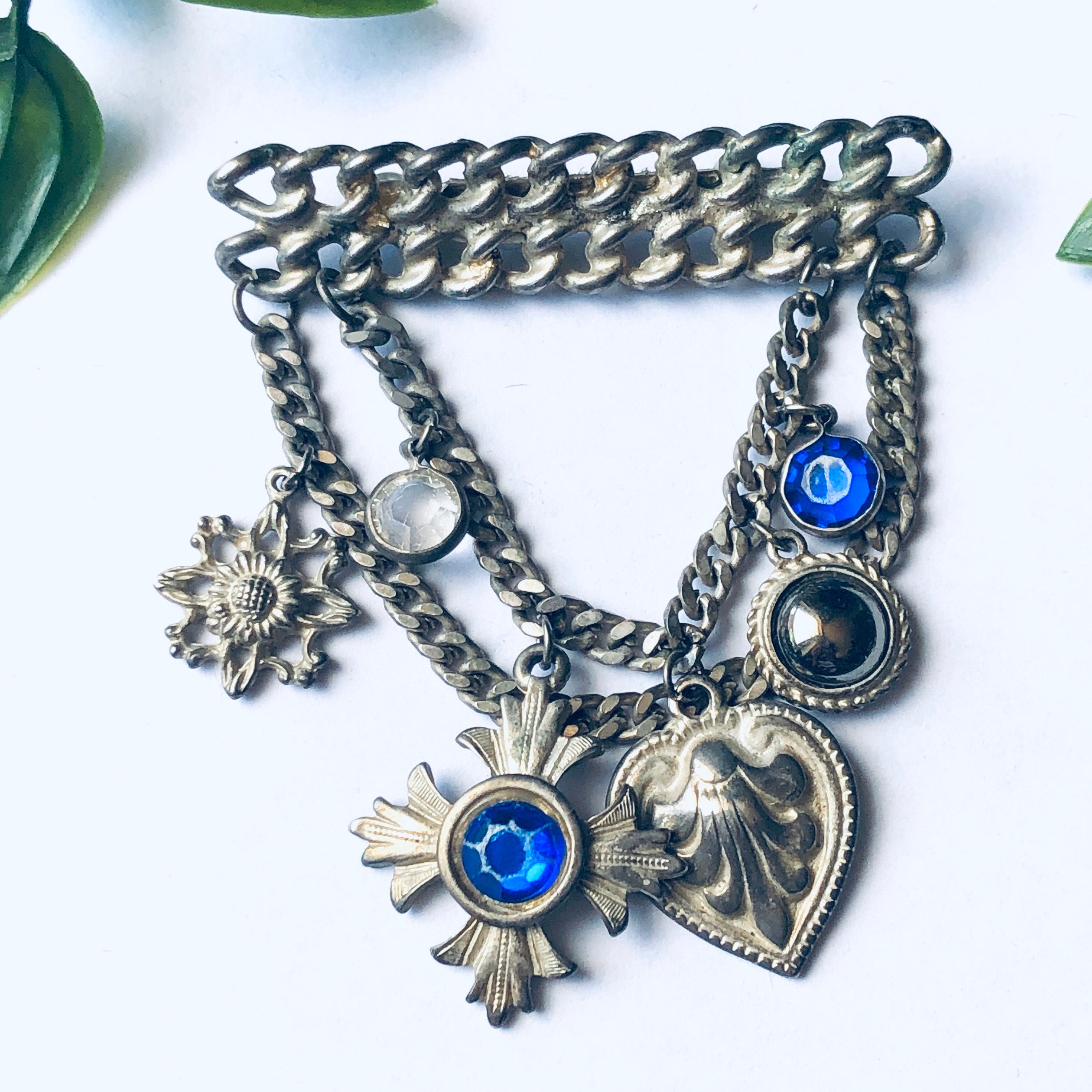 Vintage Layered Brooch, Layered Dangle Brooch, Unique Vintage Brooch, Vintage Costume Jewelry, Blue Gemstone Broocg, Heart Pin