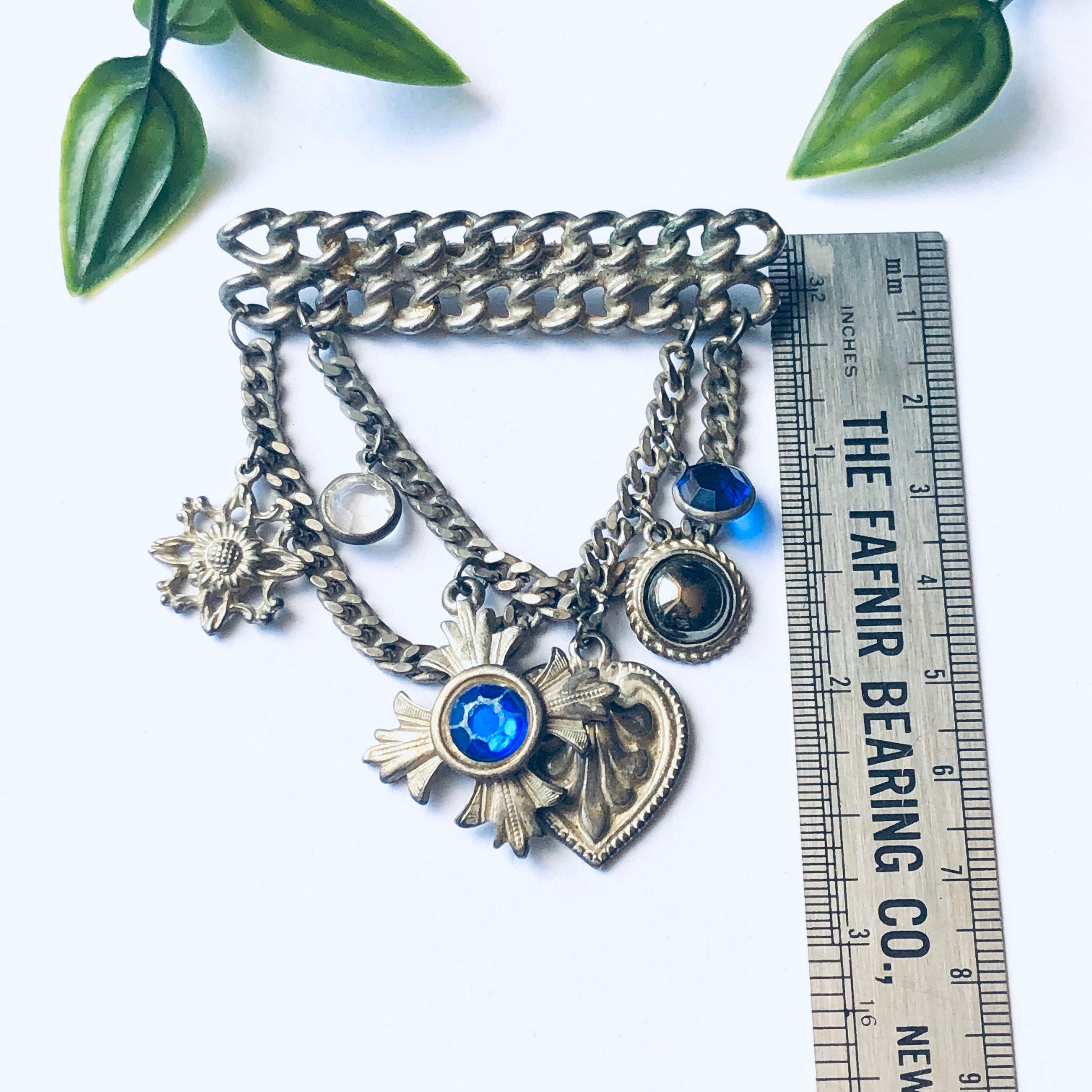 Vintage Layered Brooch, Layered Dangle Brooch, Unique Vintage Brooch, Vintage Costume Jewelry, Blue Gemstone Broocg, Heart Pin