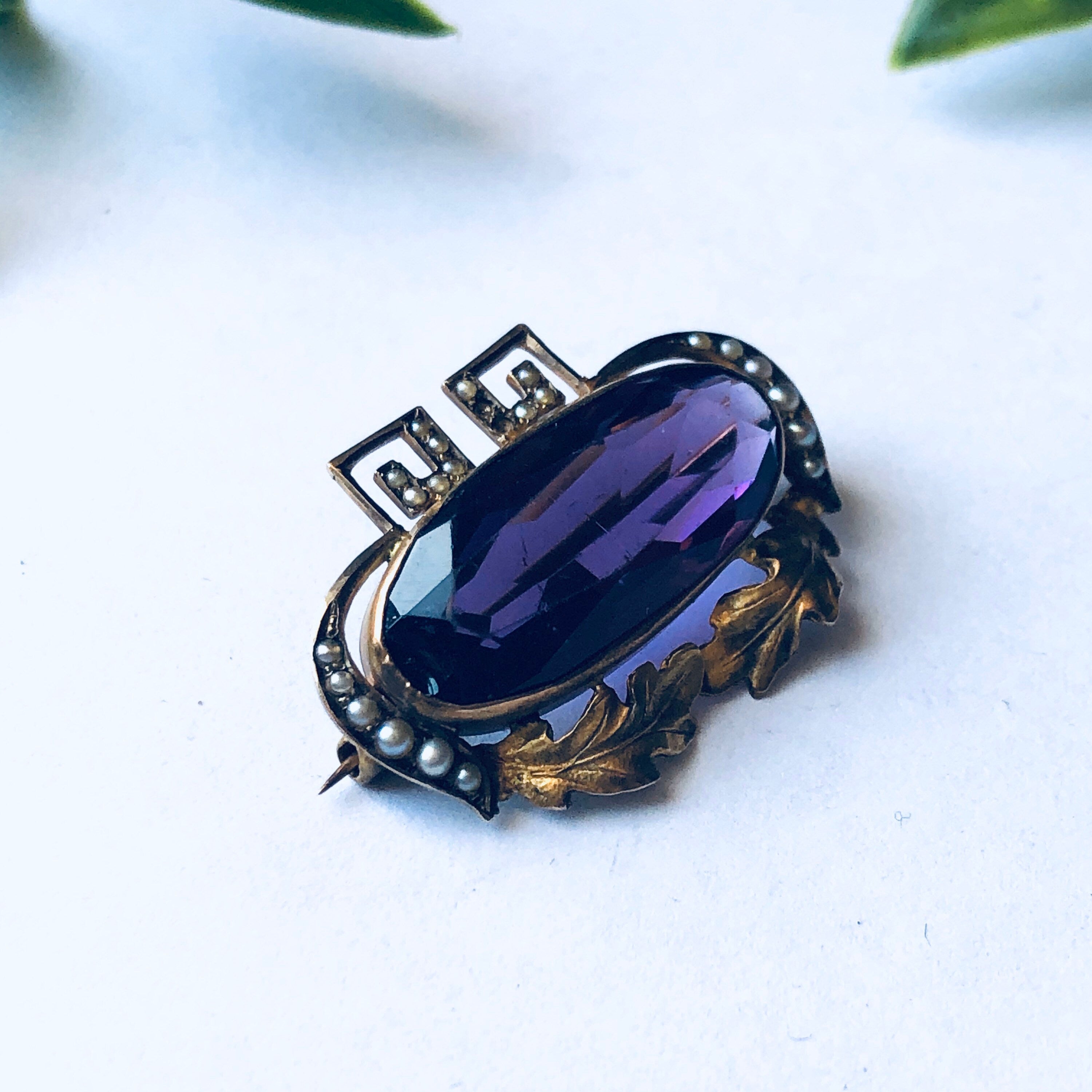 Vintage 10K Gold Brooch, Purple and Gold Pin, 10K Yellow Gold Brooch, Vintage Gold Pin, Purple Gemstone Brooch, Pearl Pin