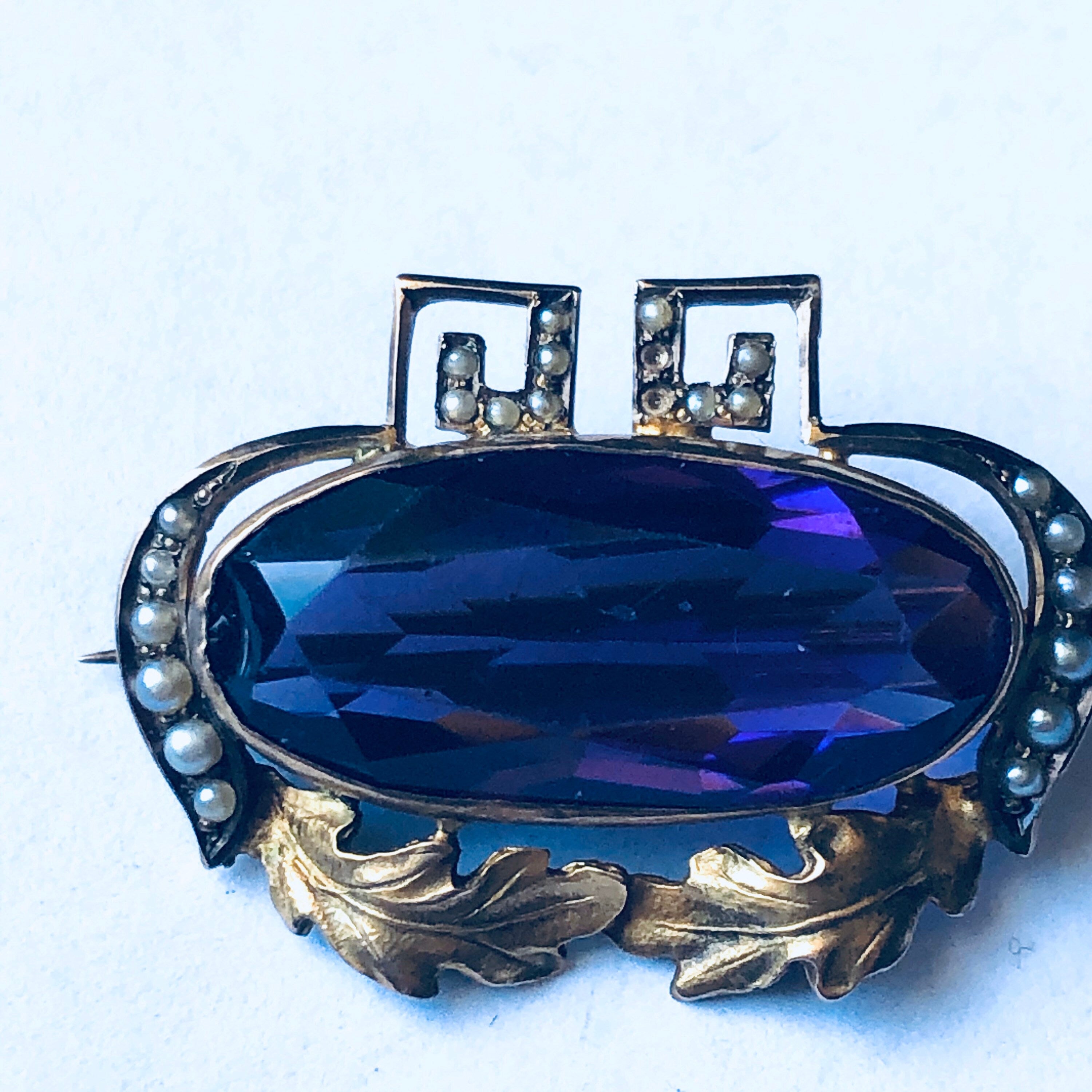 Vintage 10K Gold Brooch, Purple and Gold Pin, 10K Yellow Gold Brooch, Vintage Gold Pin, Purple Gemstone Brooch, Pearl Pin