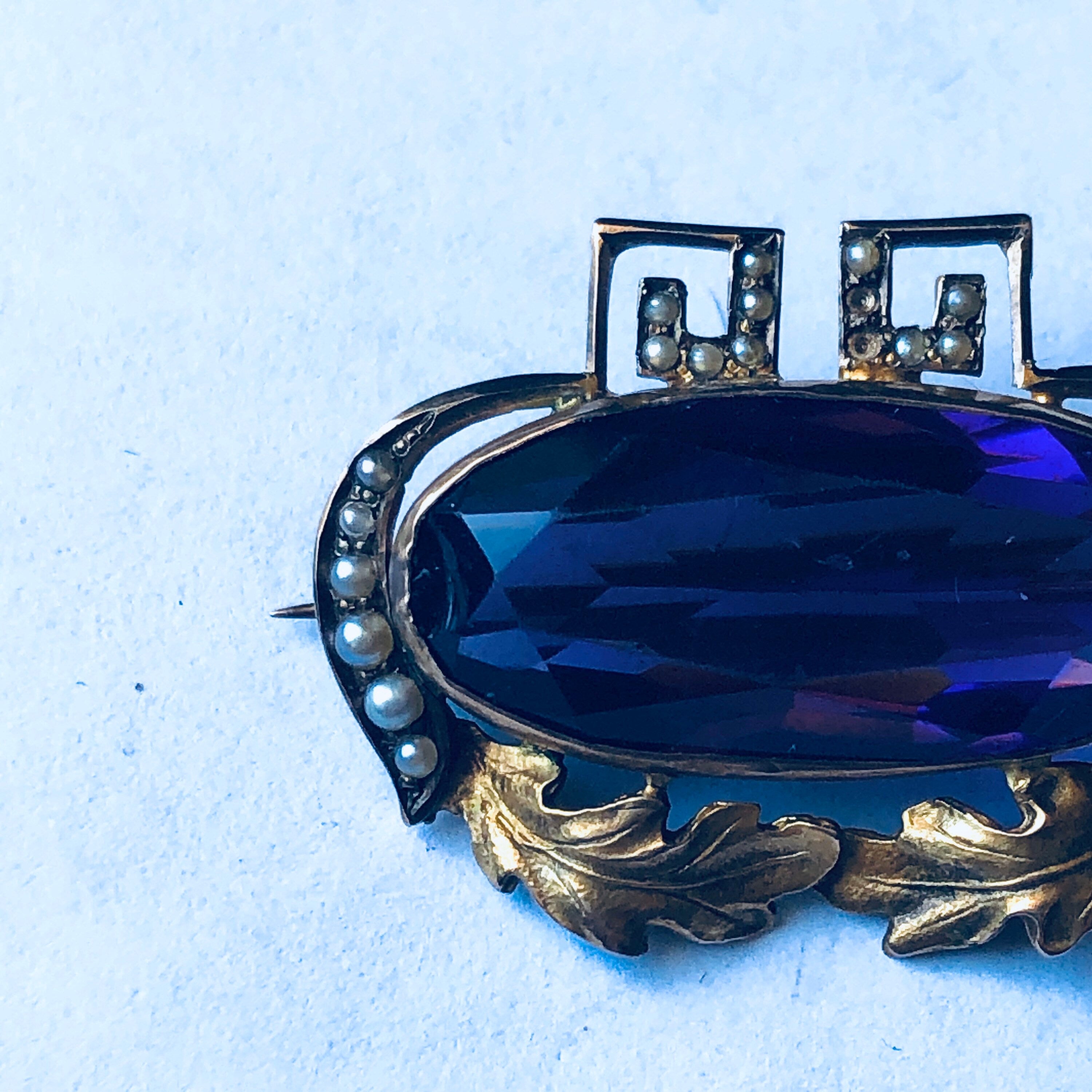 Vintage 10K Gold Brooch, Purple and Gold Pin, 10K Yellow Gold Brooch, Vintage Gold Pin, Purple Gemstone Brooch, Pearl Pin