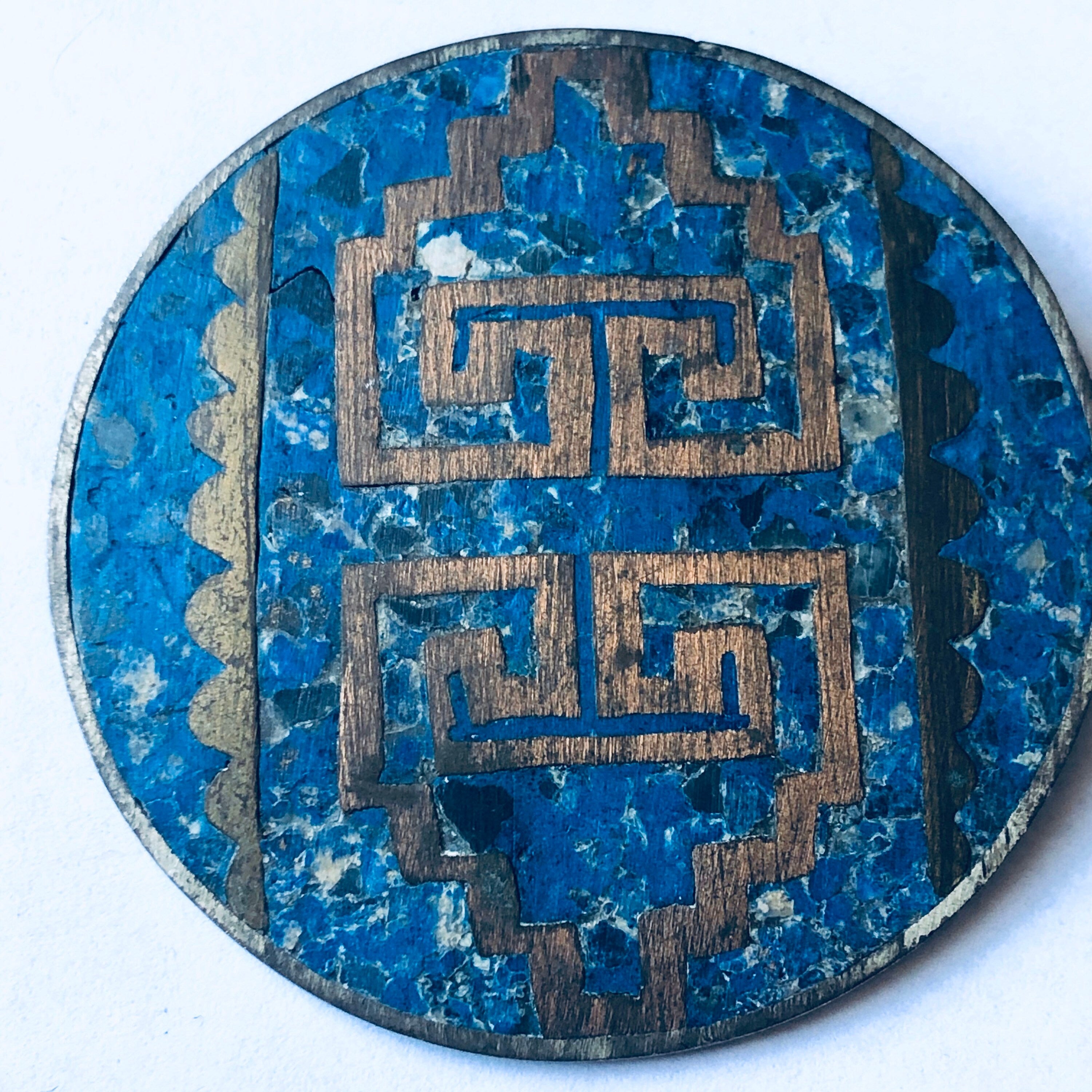 Large Vintage Silver Brooch, Silver and Blue Pin, Round Vintage Brooch, Blue Inlay Pin, Geometric Design Pin, Blue Gemstone Jewelry