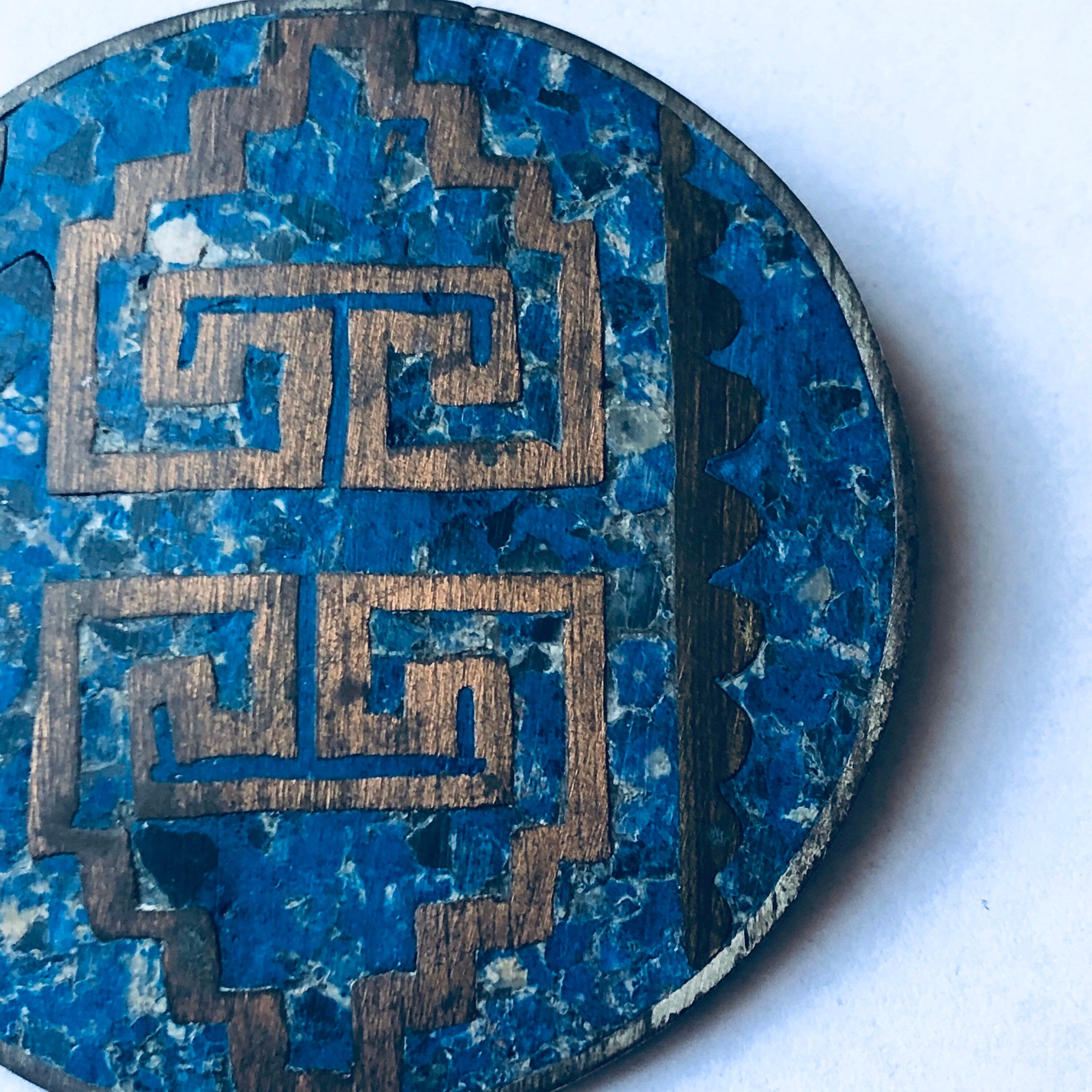 Large Vintage Silver Brooch, Silver and Blue Pin, Round Vintage Brooch, Blue Inlay Pin, Geometric Design Pin, Blue Gemstone Jewelry