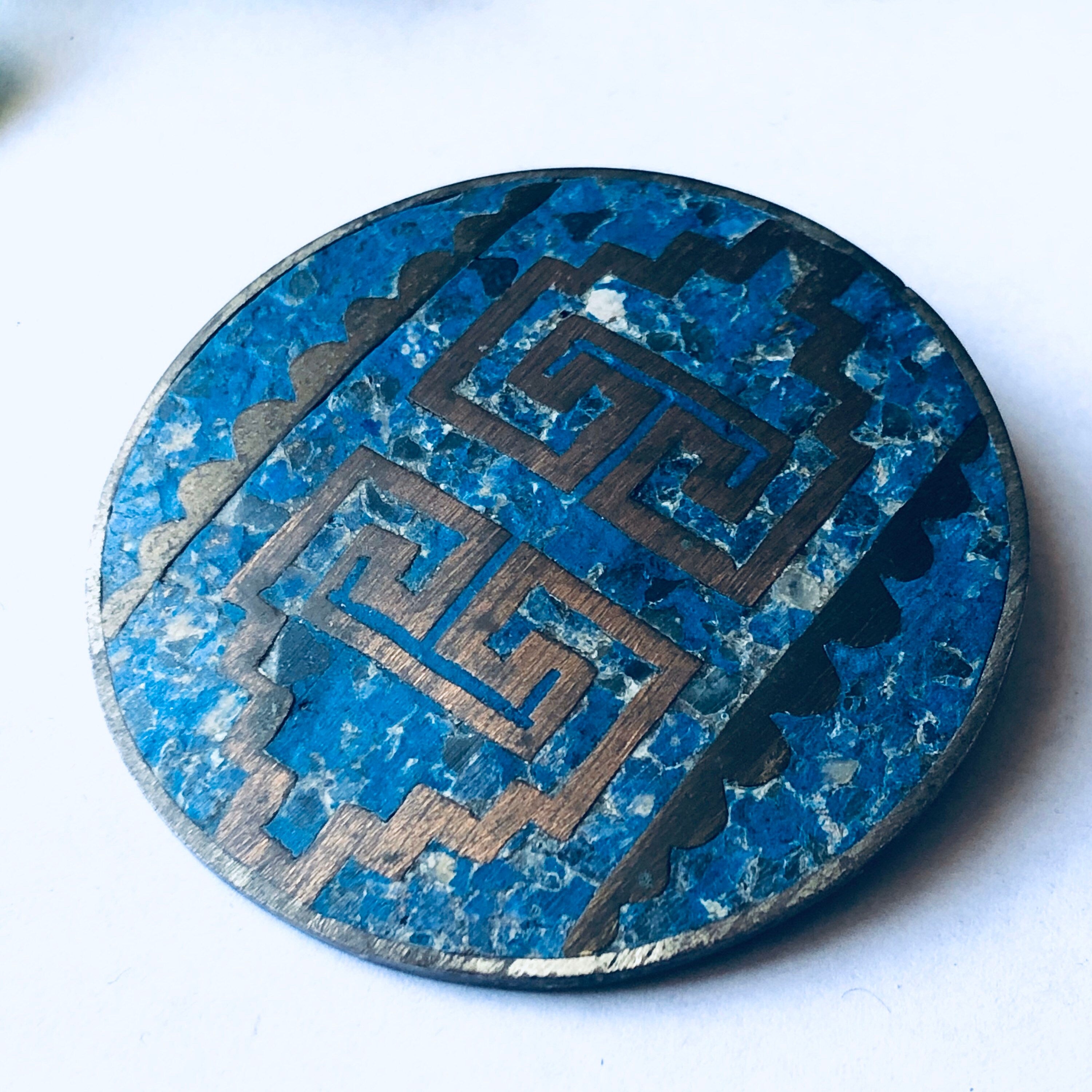 Large Vintage Silver Brooch, Silver and Blue Pin, Round Vintage Brooch, Blue Inlay Pin, Geometric Design Pin, Blue Gemstone Jewelry