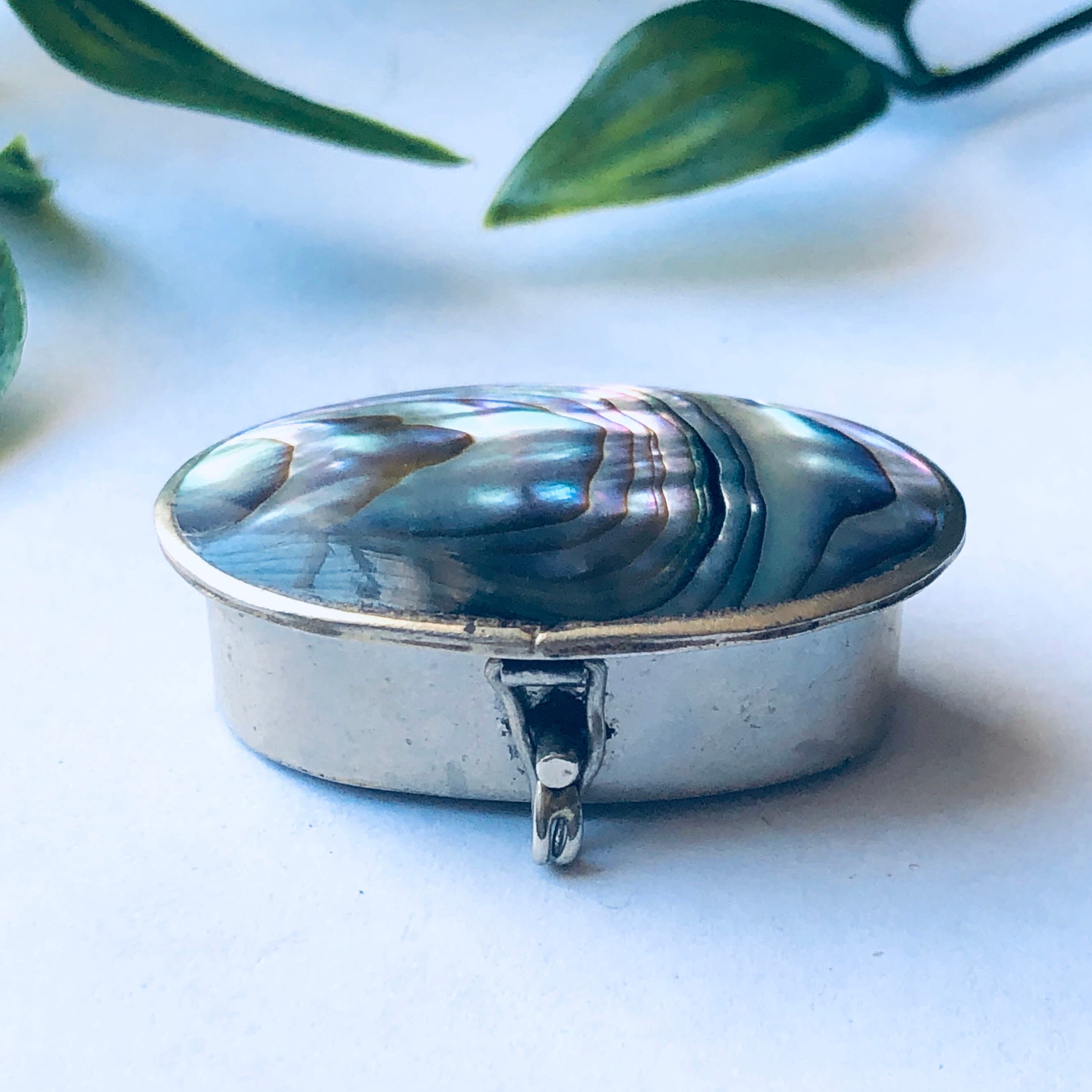 Small vintage silver pill box with blue and green abalone shell inlay, displaying an oval shape with legs, photographed with green leaves in the background.