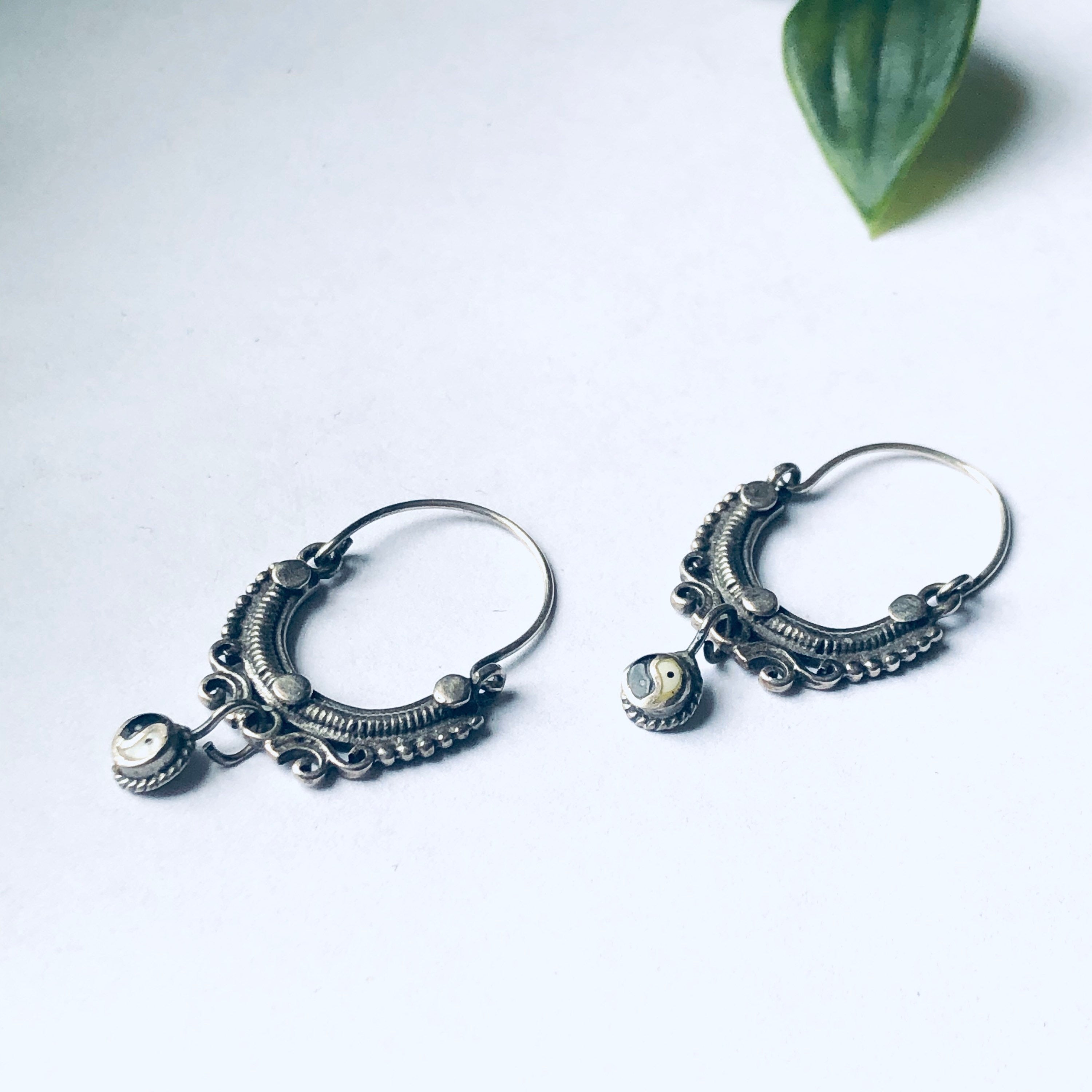 Vintage Silver Yin Yang Earrings, Yin Yang Dangle Earrings, Small Hoop Earrings, Earrings for Pierced Ears, 90s Earrings, Jewelry from 90s