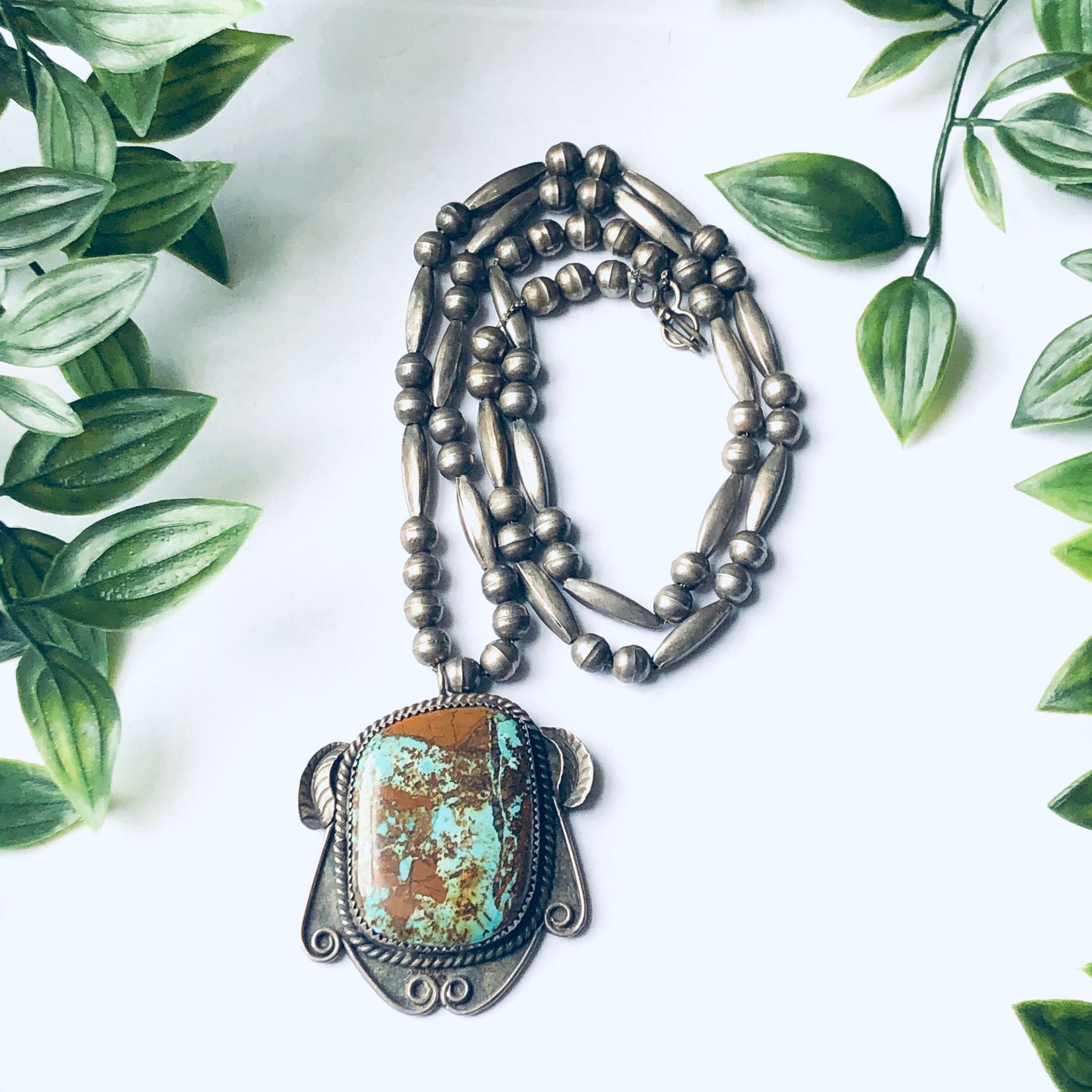 Vintage Silver Beaded Necklace with Turquoise Pendant, Southwestern Style Jewelry, Turquoise Pendant, Long Necklace, Unique Jewelry