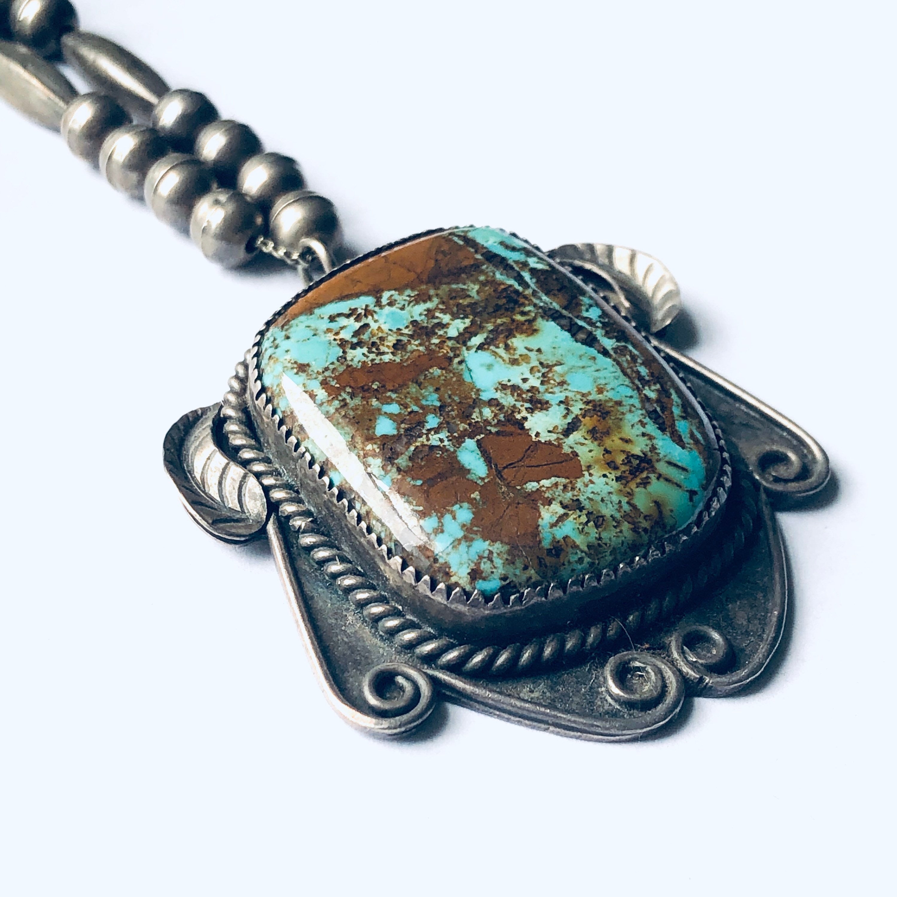 Vintage Silver Beaded Necklace with Turquoise Pendant, Southwestern Style Jewelry, Turquoise Pendant, Long Necklace, Unique Jewelry