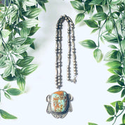 Vintage Silver Beaded Necklace with Turquoise Pendant, Southwestern Style Jewelry, Turquoise Pendant, Long Necklace, Unique Jewelry