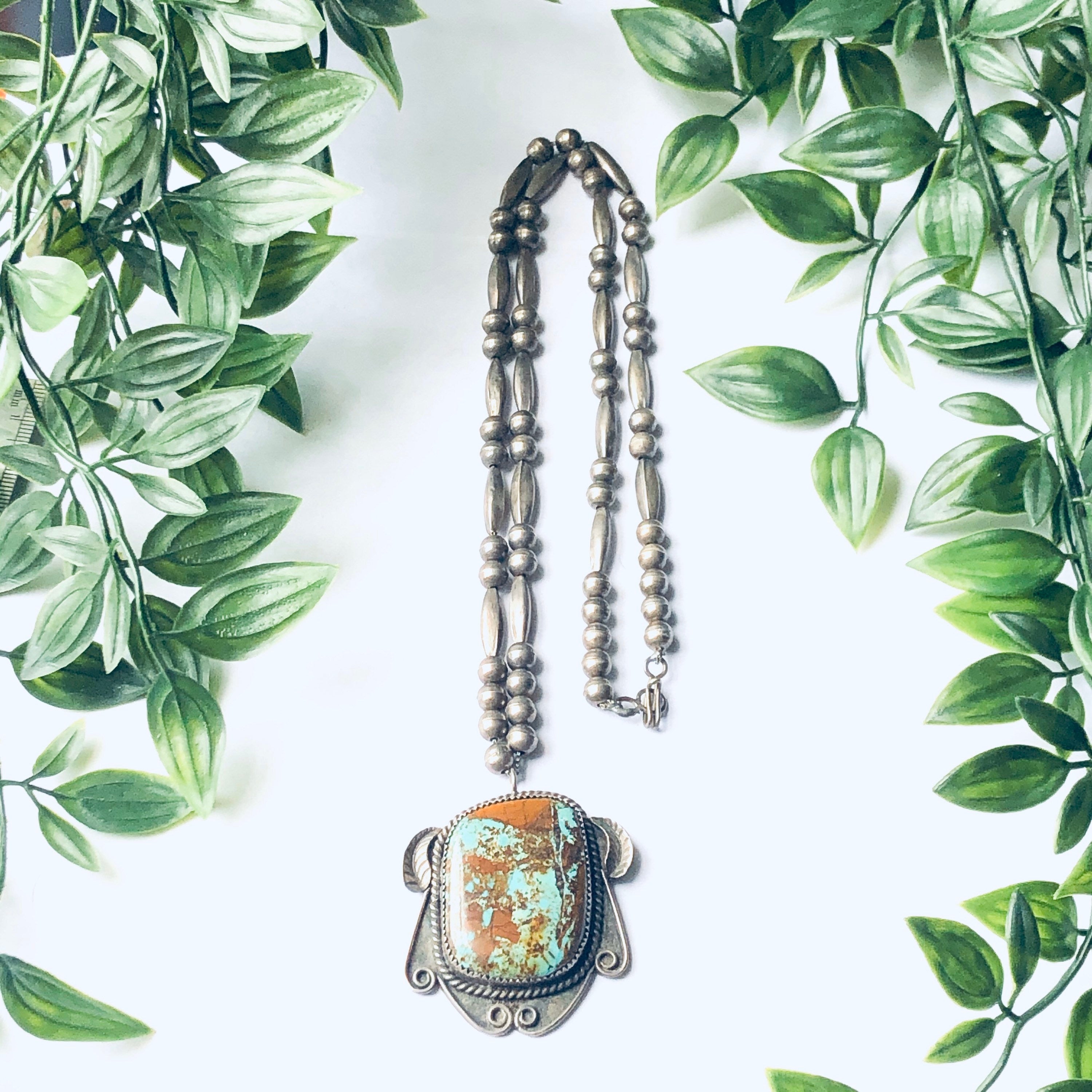 Vintage Silver Beaded Necklace with Turquoise Pendant, Southwestern Style Jewelry, Turquoise Pendant, Long Necklace, Unique Jewelry