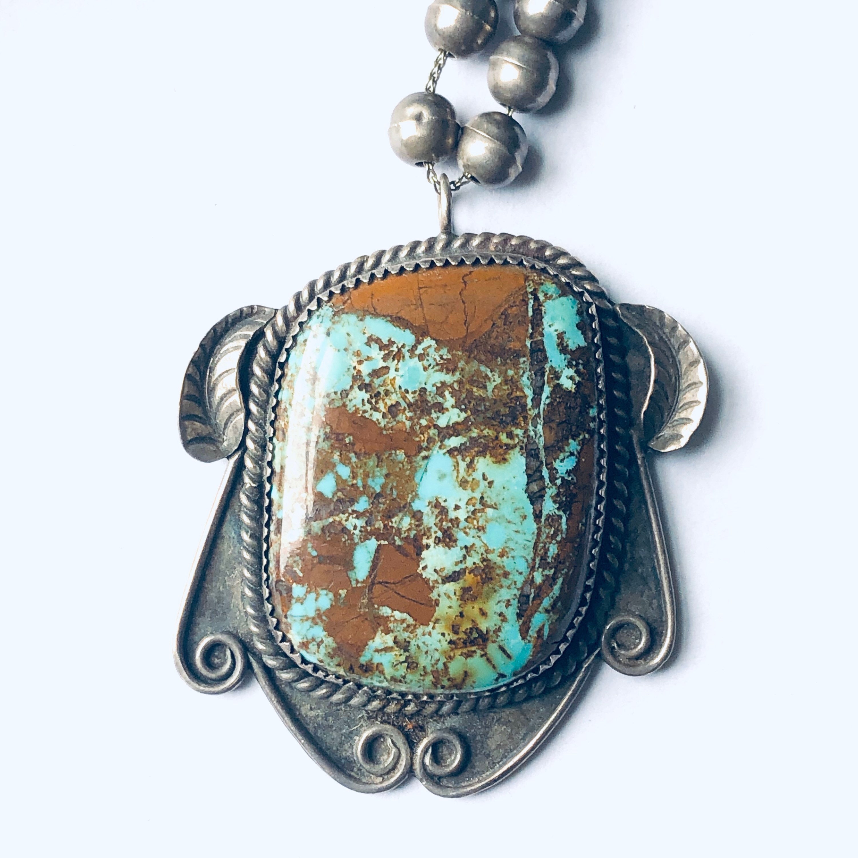Vintage Silver Beaded Necklace with Turquoise Pendant, Southwestern Style Jewelry, Turquoise Pendant, Long Necklace, Unique Jewelry