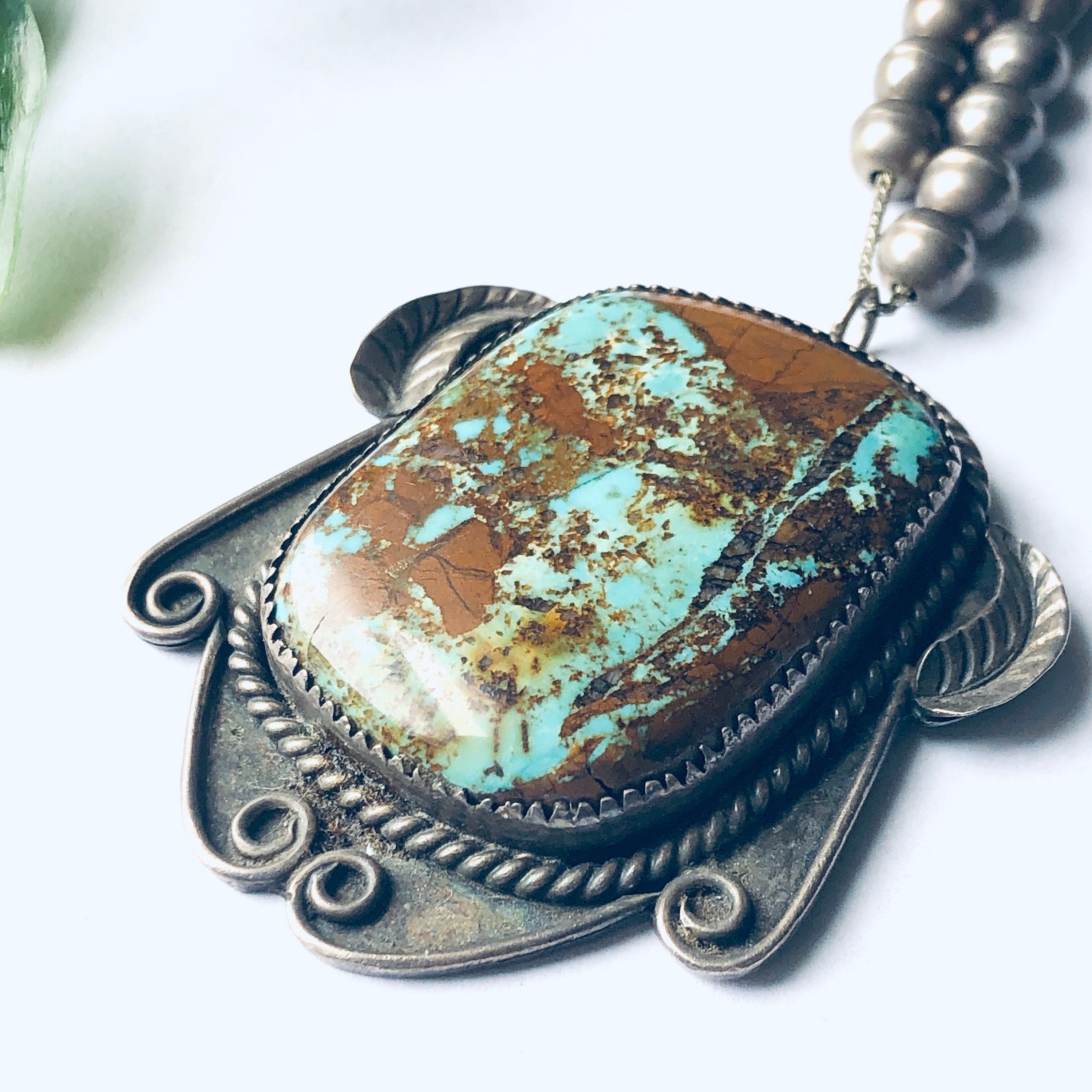 Vintage Silver Beaded Necklace with Turquoise Pendant, Southwestern Style Jewelry, Turquoise Pendant, Long Necklace, Unique Jewelry