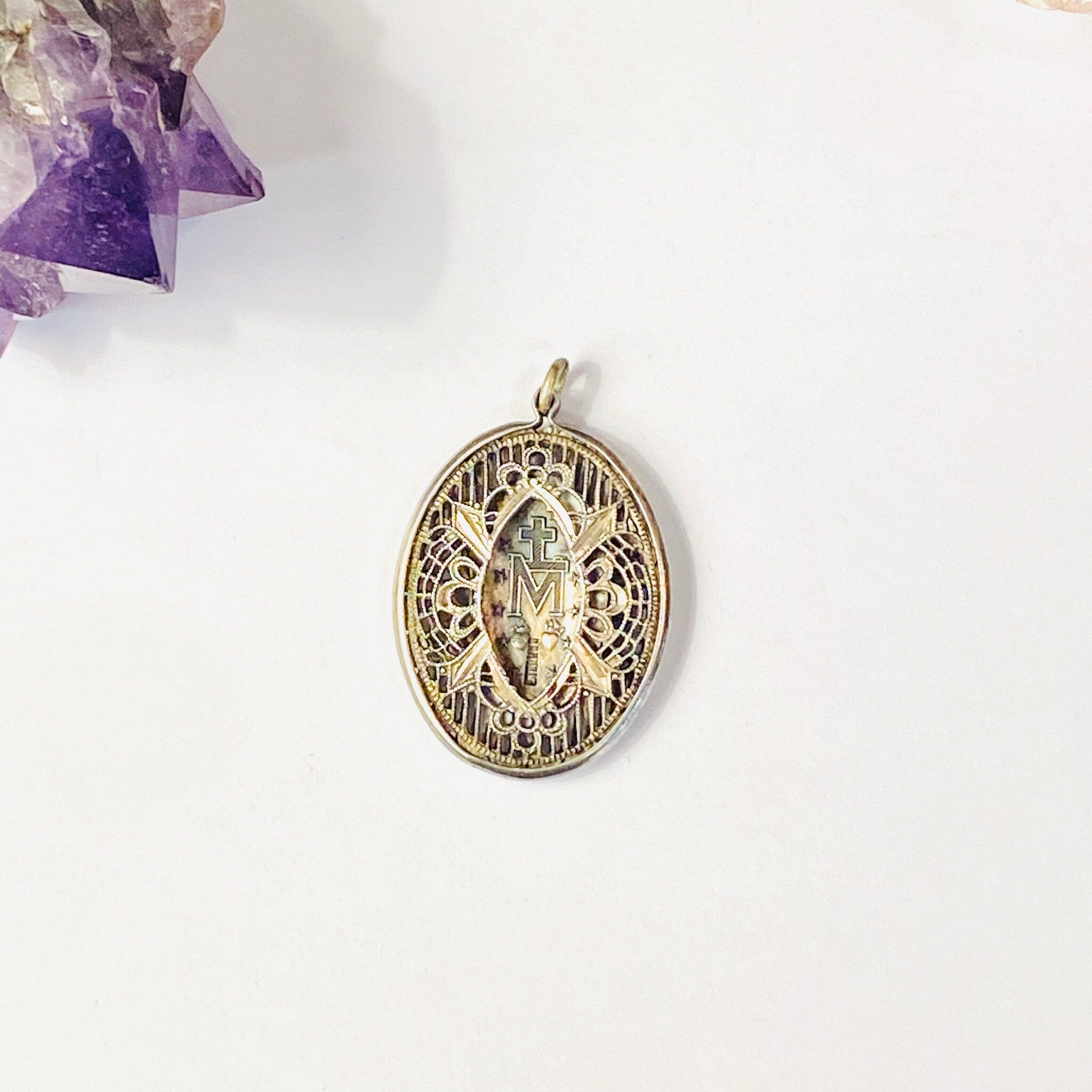 Vintage Sterling Silver Virgin Mary Pendant, Deco Style Silver Necklace Pendant, Intricate Mother Mary Pendent Design