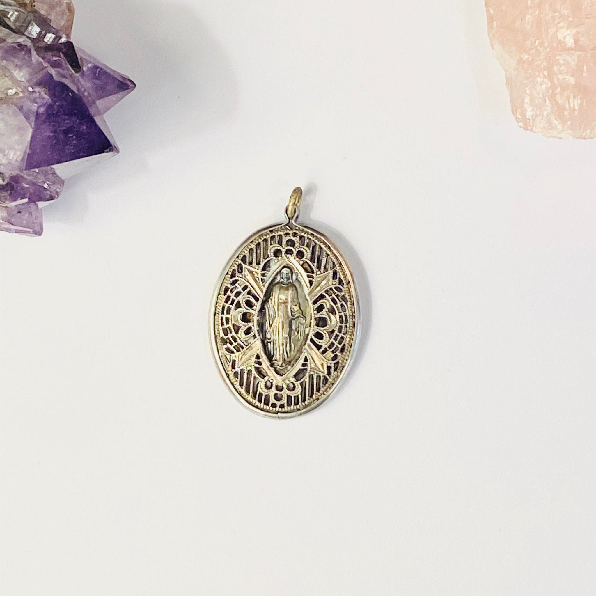 Vintage Sterling Silver Virgin Mary Pendant, Deco Style Silver Necklace Pendant, Intricate Mother Mary Pendent Design