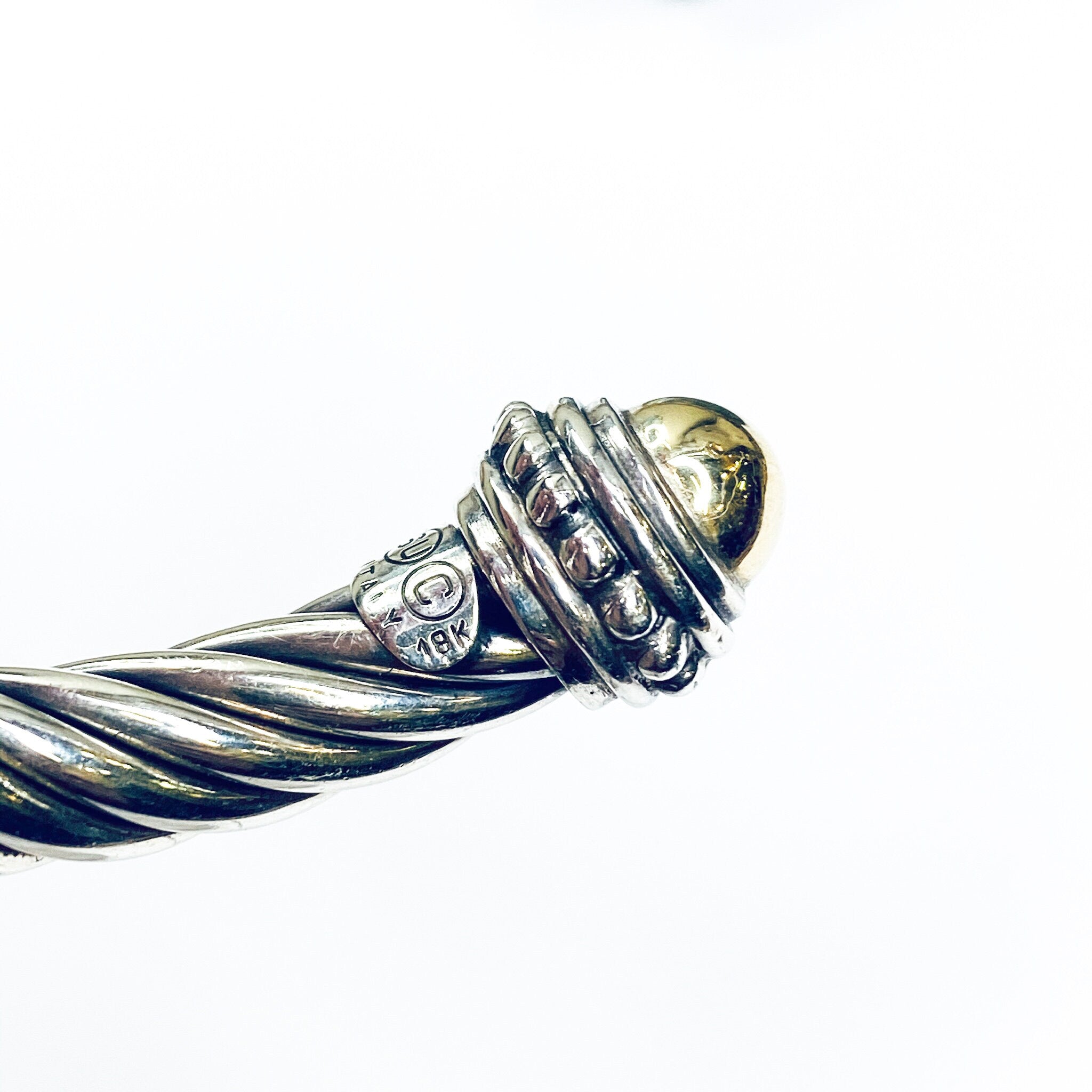 Vintage Italian Sterling Silver And 18K Gold Cuff Bracelet, Modern Silver And Gold Bracelet, Silver And Gold Cuff Bracelet With Detail