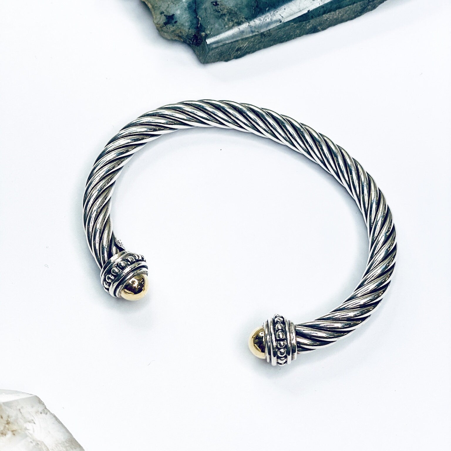 Vintage Italian Sterling Silver And 18K Gold Cuff Bracelet, Modern Silver And Gold Bracelet, Silver And Gold Cuff Bracelet With Detail