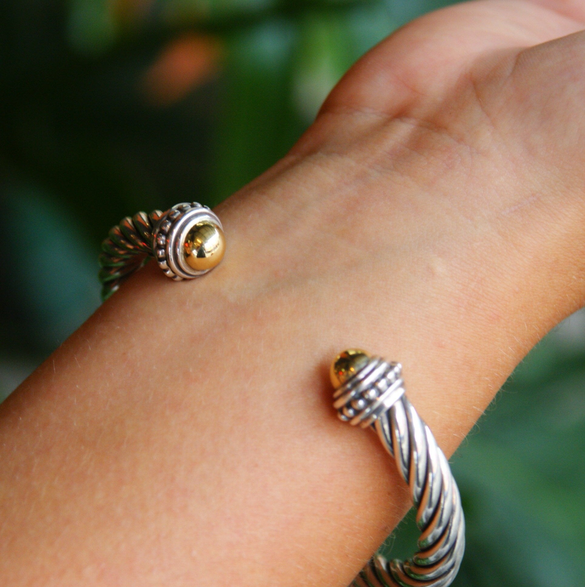 Vintage Italian Sterling Silver And 18K Gold Cuff Bracelet, Modern Silver And Gold Bracelet, Silver And Gold Cuff Bracelet With Detail