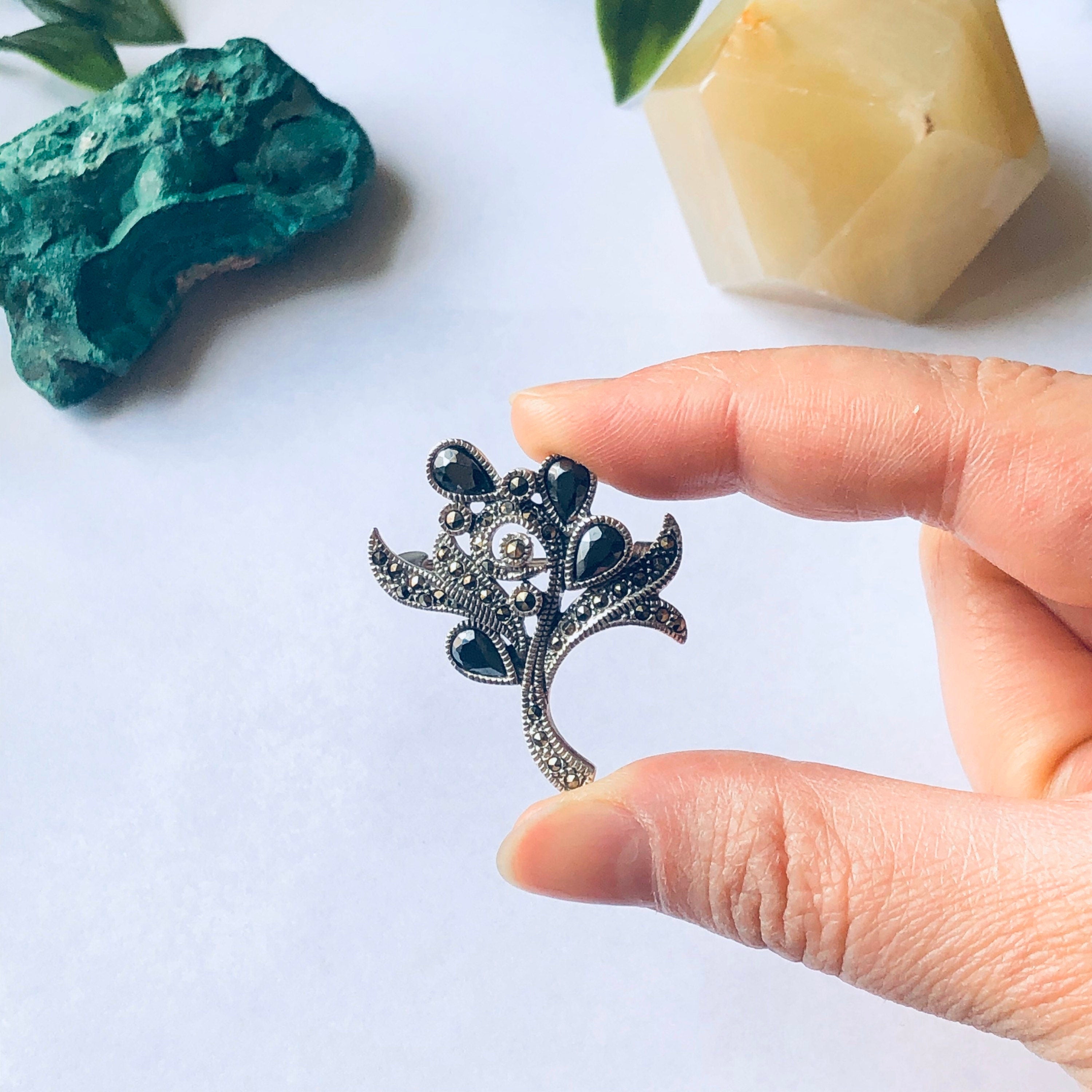 Vintage Silver and Marcasite Brooch, Hematite and Marcasite Pin, Silver and Grey Jewelry, Hematite Pin, Floral Design Brooch, Mothers Day