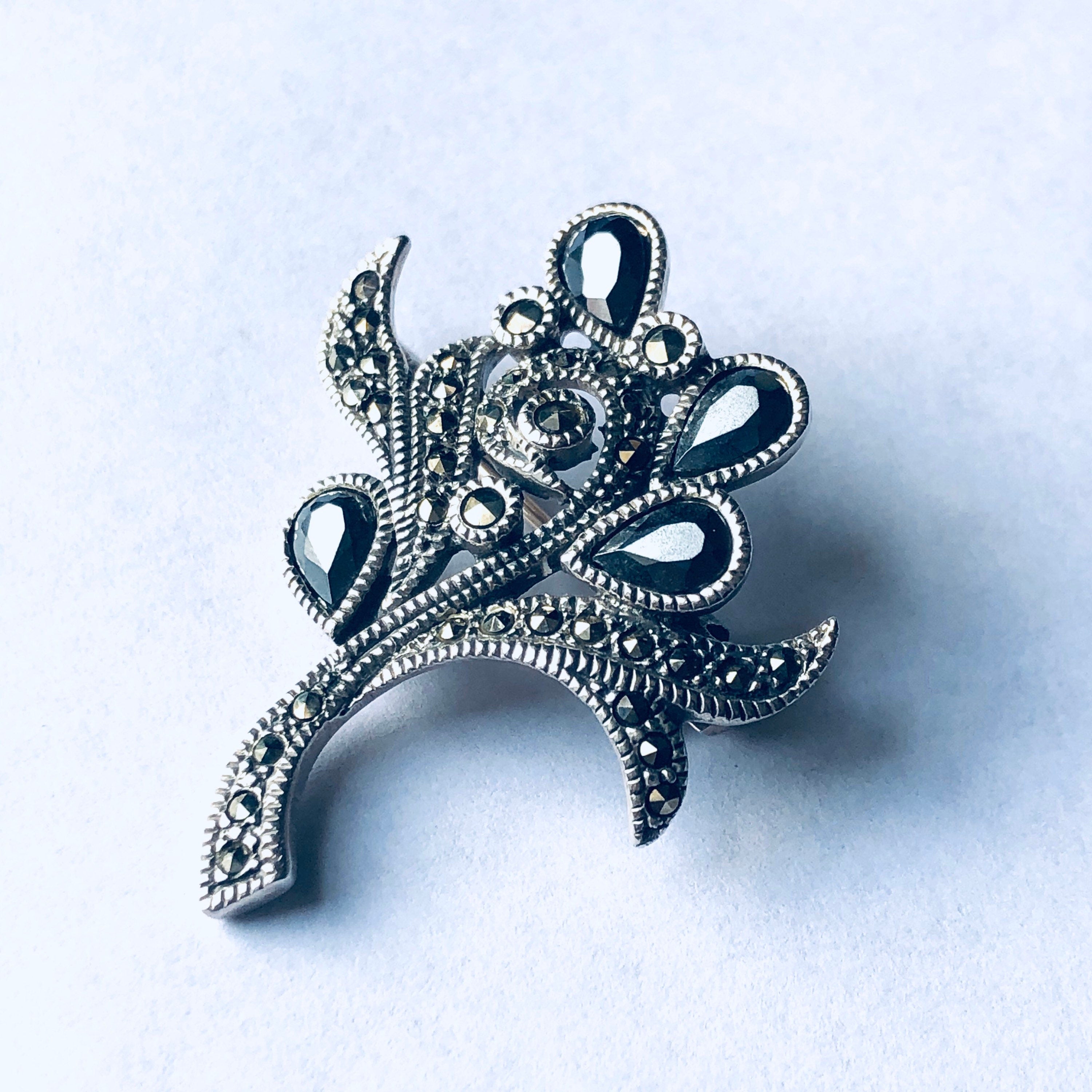 Vintage Silver and Marcasite Brooch, Hematite and Marcasite Pin, Silver and Grey Jewelry, Hematite Pin, Floral Design Brooch, Mothers Day