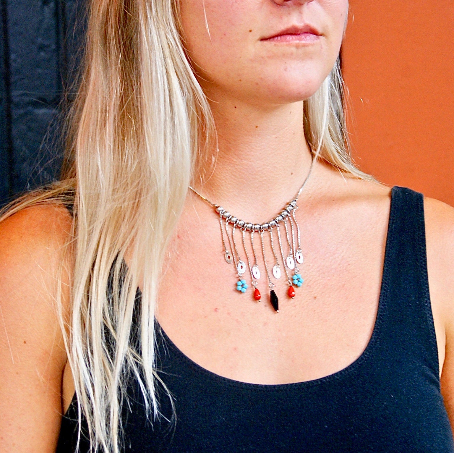 Vintage Sterling Draped Necklace With Silver Beaded Tassels, Unique Draped Tassel Necklace with Turquoise, Coral, and Black Colored Beads