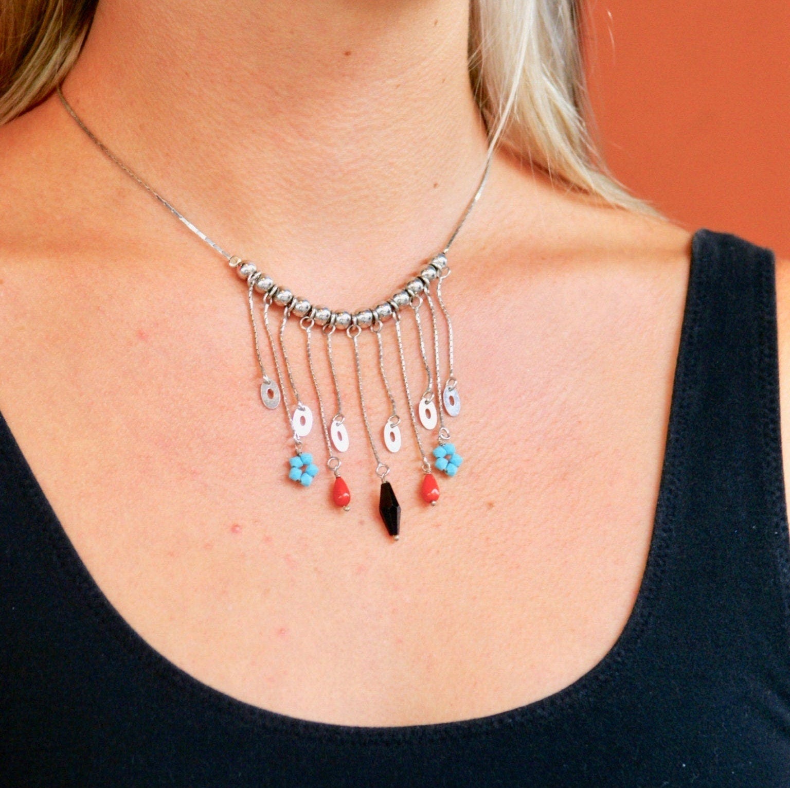 Vintage Sterling Draped Necklace With Silver Beaded Tassels, Unique Draped Tassel Necklace with Turquoise, Coral, and Black Colored Beads