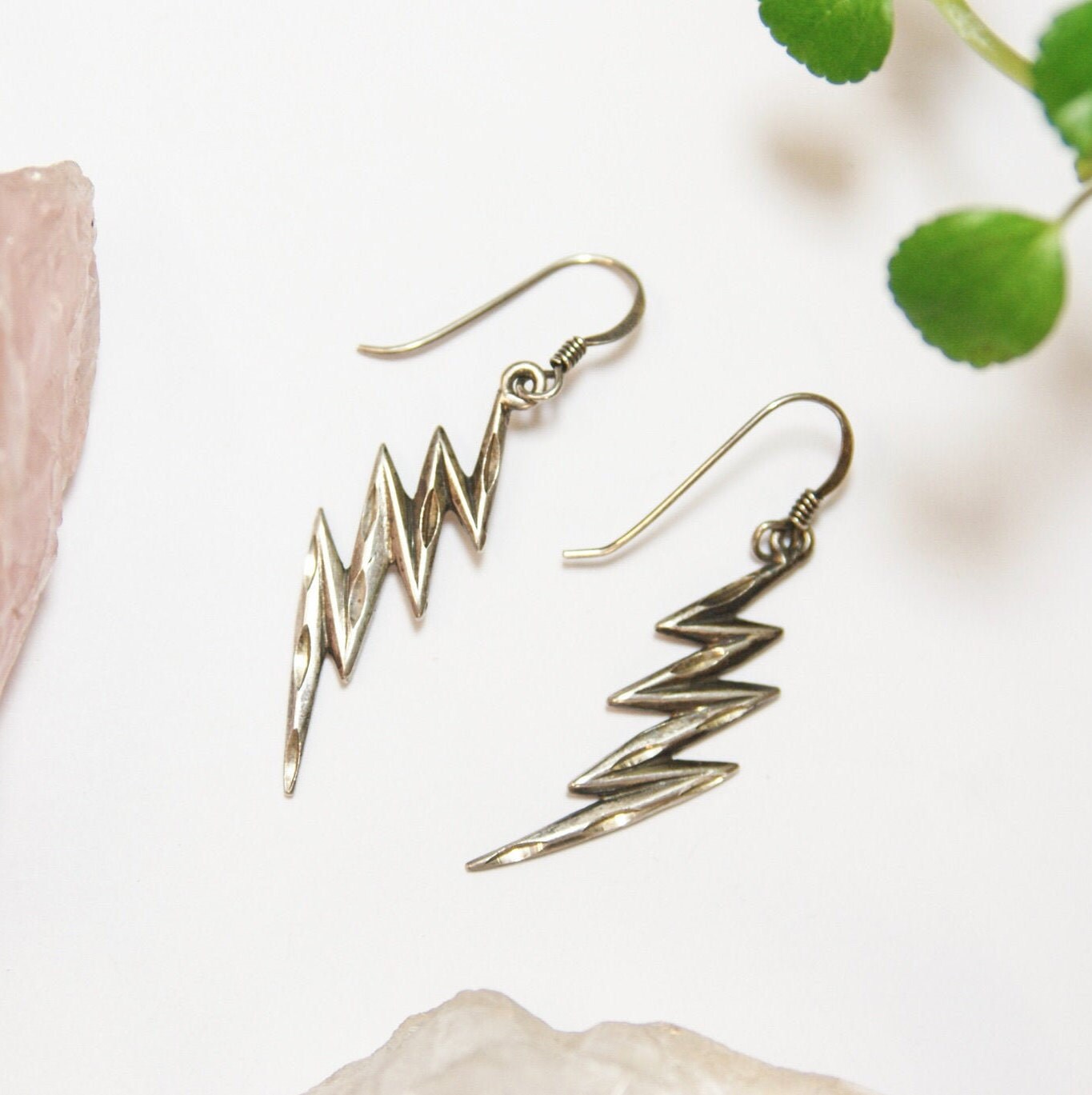Vintage Sterling Silver Lightning Bolt Earrings, Unique Silver Earrings With Carved Details, Minimal Dangle Sterling Lightning Bolt Earrings