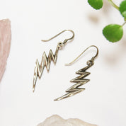 Vintage Sterling Silver Lightning Bolt Earrings, Unique Silver Earrings With Carved Details, Minimal Dangle Sterling Lightning Bolt Earrings