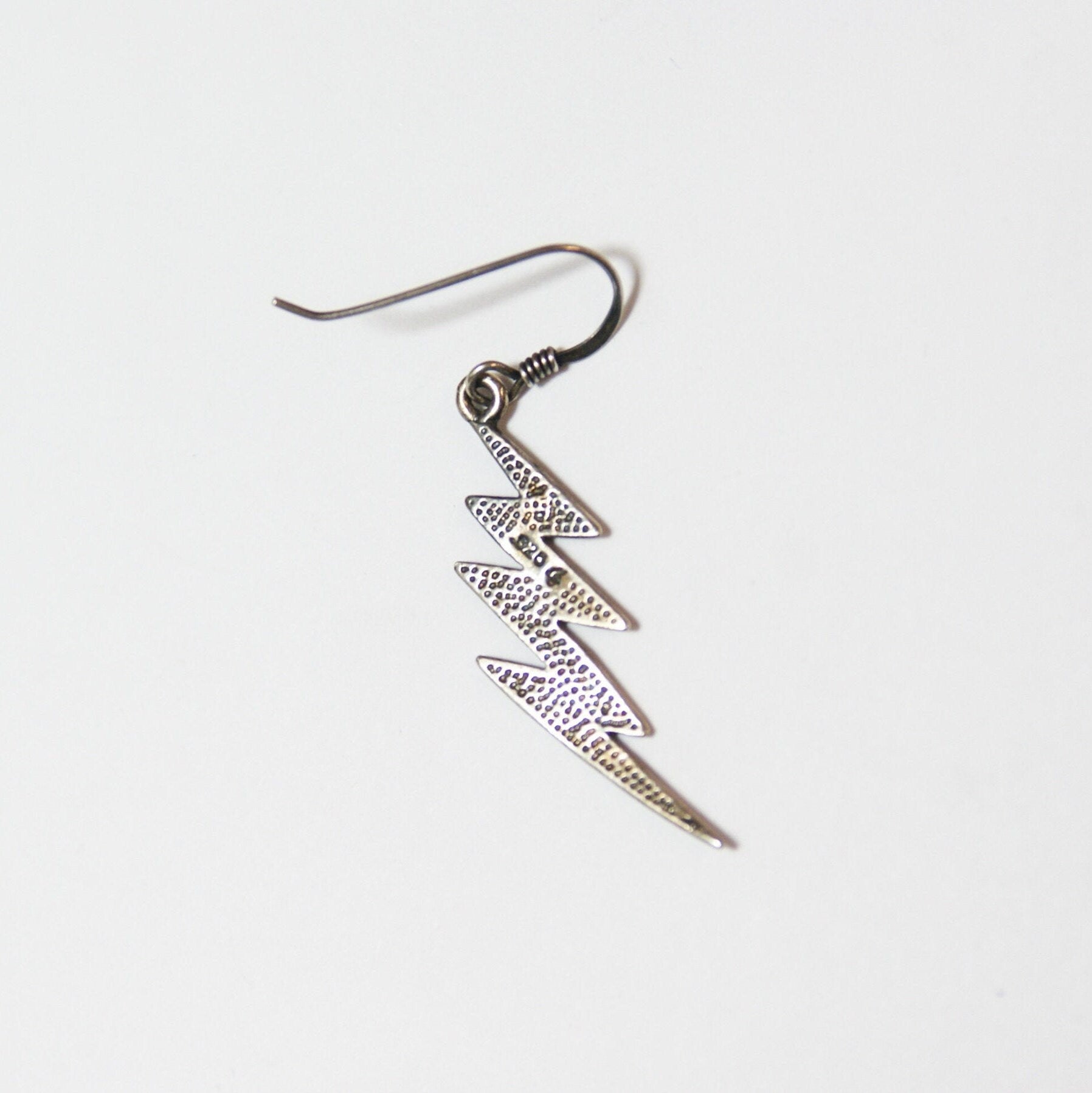 Vintage Sterling Silver Lightning Bolt Earrings, Unique Silver Earrings With Carved Details, Minimal Dangle Sterling Lightning Bolt Earrings