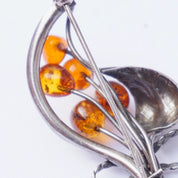 Vintage Silver and Amber Brooch, Unique Pin With Natural Amber Berries and a Silver Detailed Leaf, Beautiful Amber Brooch Made With Silver