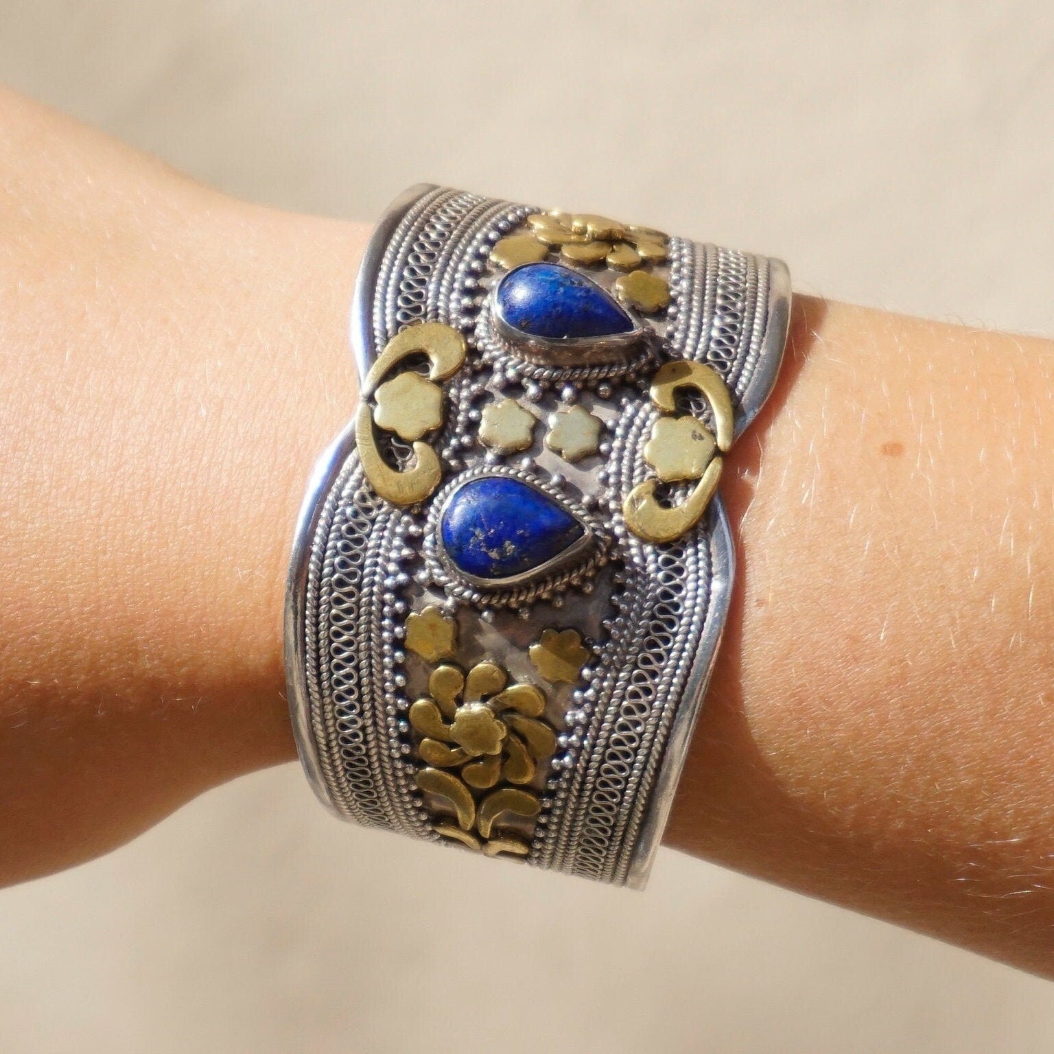 Vintage Silver And Brass Cuff With Lapis Lazuli Stones, Embellished Sterling Silver Bangle Cuff With Gemstone Accents, Indian Silver Cuff