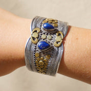 Vintage Silver And Brass Cuff With Lapis Lazuli Stones, Embellished Sterling Silver Bangle Cuff With Gemstone Accents, Indian Silver Cuff