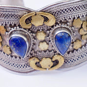 Vintage Silver And Brass Cuff With Lapis Lazuli Stones, Embellished Sterling Silver Bangle Cuff With Gemstone Accents, Indian Silver Cuff