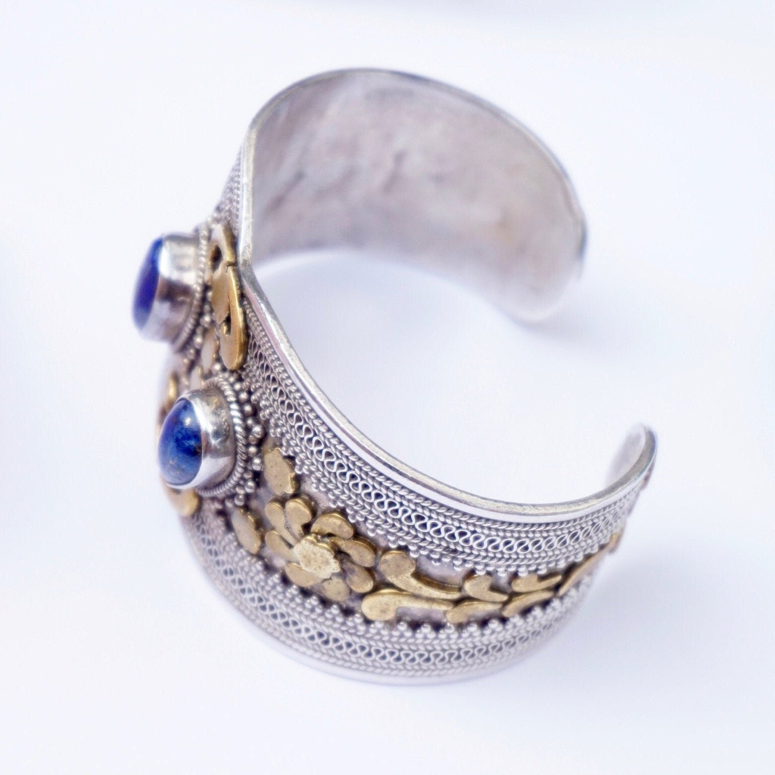 Vintage Silver And Brass Cuff With Lapis Lazuli Stones, Embellished Sterling Silver Bangle Cuff With Gemstone Accents, Indian Silver Cuff